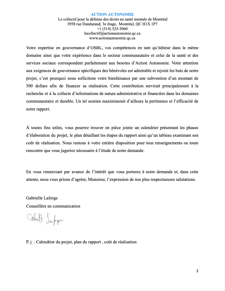 Demande de subvention pour l'OSBL Action Autonomie 2/2