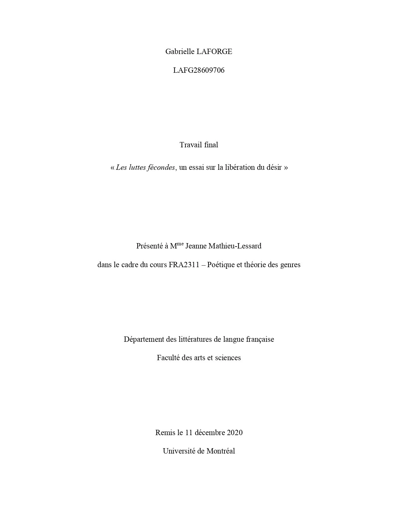 Analyse de la poétique des Luttes fécondes de Catherine Dorion ☞