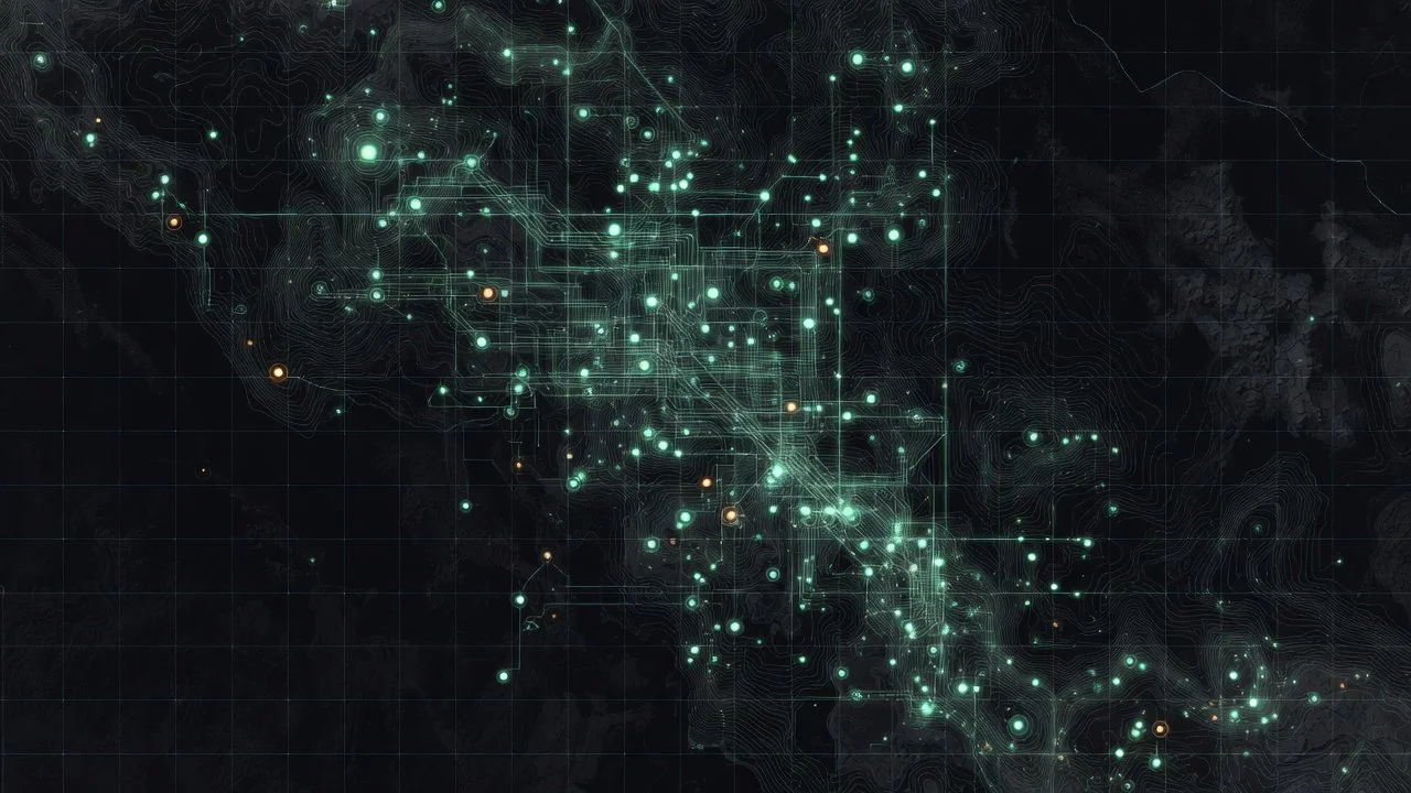 Northstrike Swarm Core cognitive command and control interface, displaying autonomous mesh network routing and dynamic asset dispatch on a dark-mode tactical map.