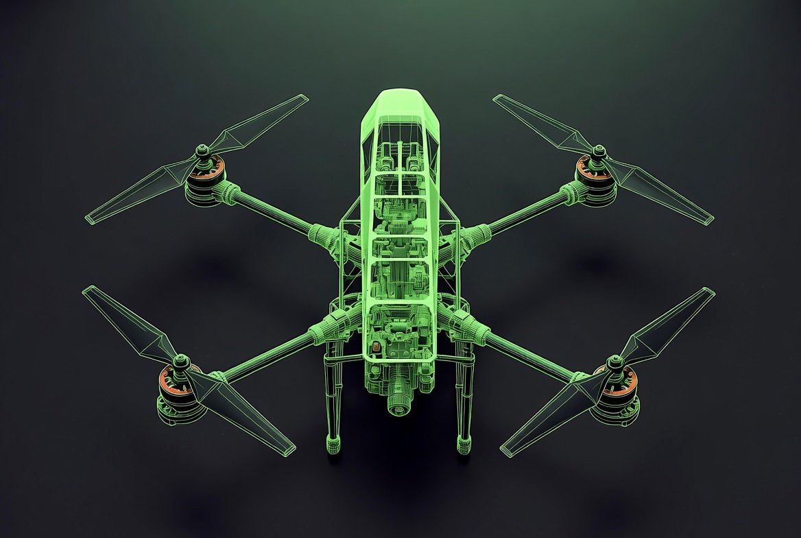 Technical blueprint schematic of the Noctua Mk.1 Uncrewed Aerial System (UAS), a tactical quadcopter designed for persistent ISR and MANET mesh network relay.