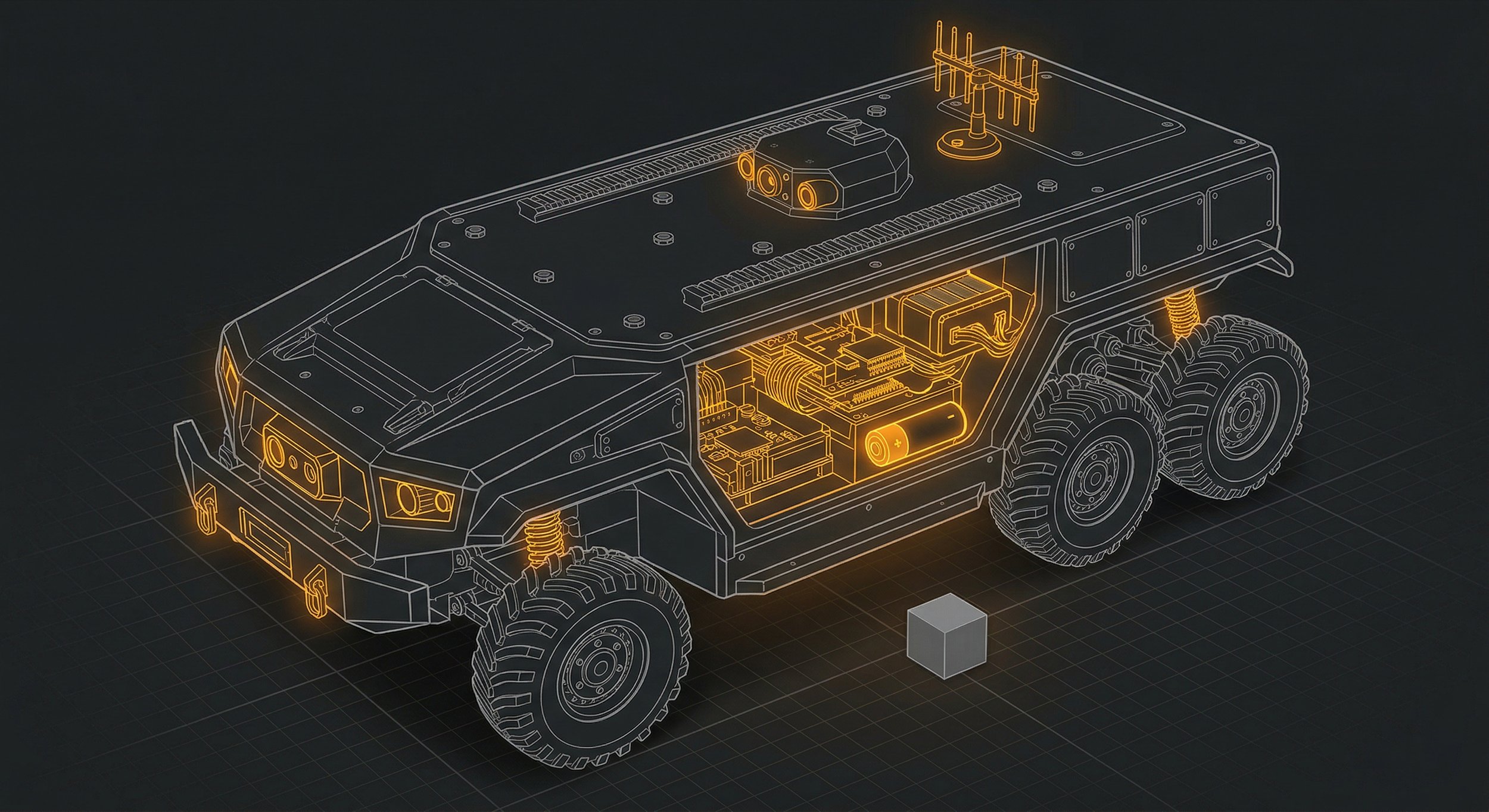Technical blueprint schematic of the Minerva Mk.1 6x6 Uncrewed Ground Vehicle (UGV), an autonomous kinetic platform engineered for tactical edge deployment and electronic warfare resilience.