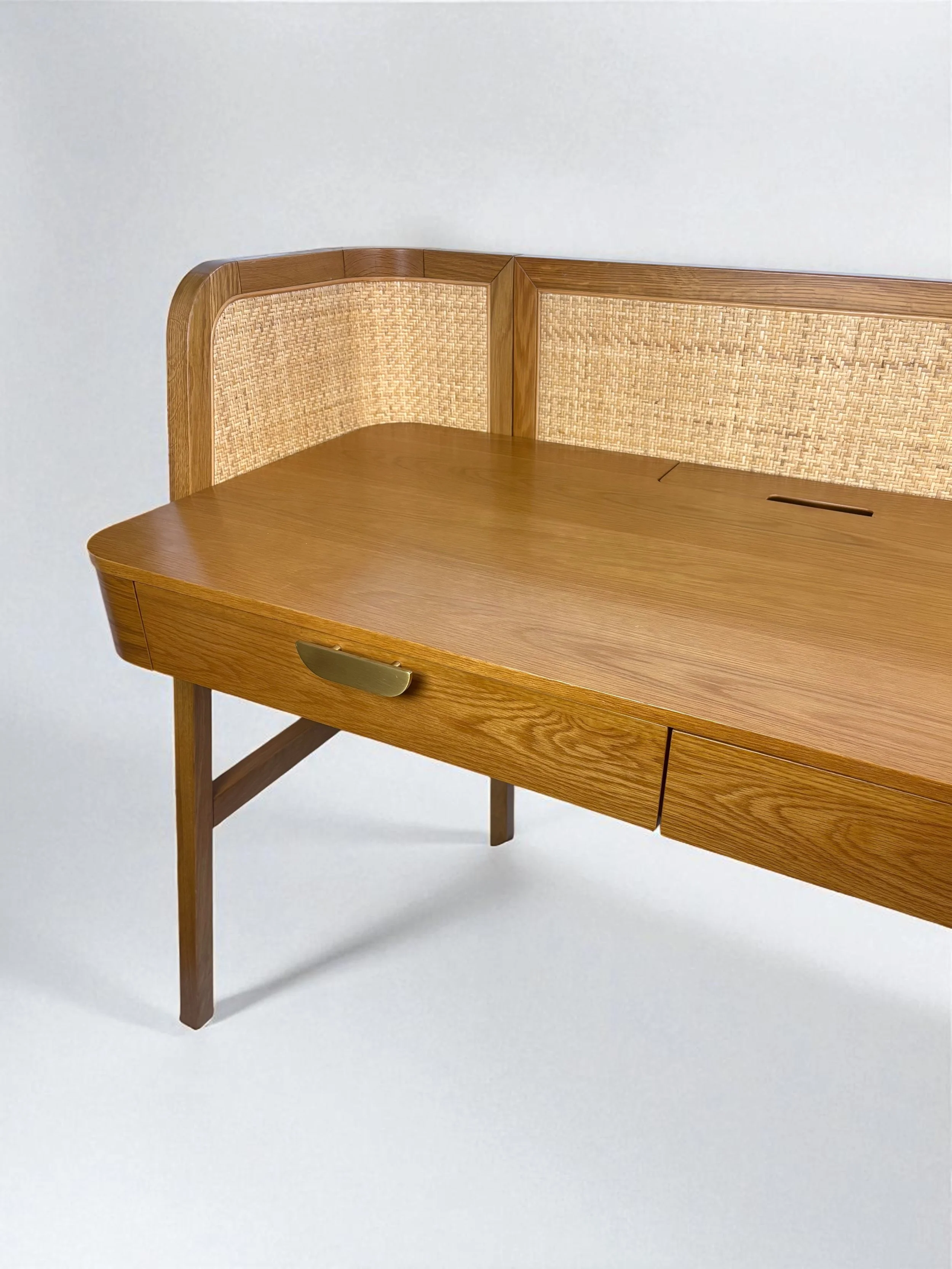 Solid oak, rubber wood and natural rattan desk with cord hider and brass hardware, pre-owned