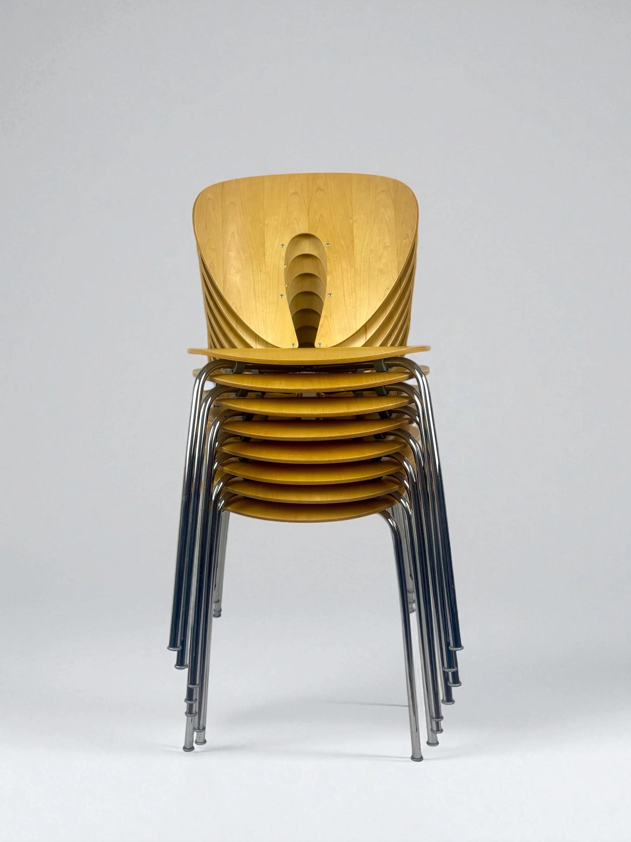 Stack of 8 STUA Globus Chairs in Oak and Chromed Steel
