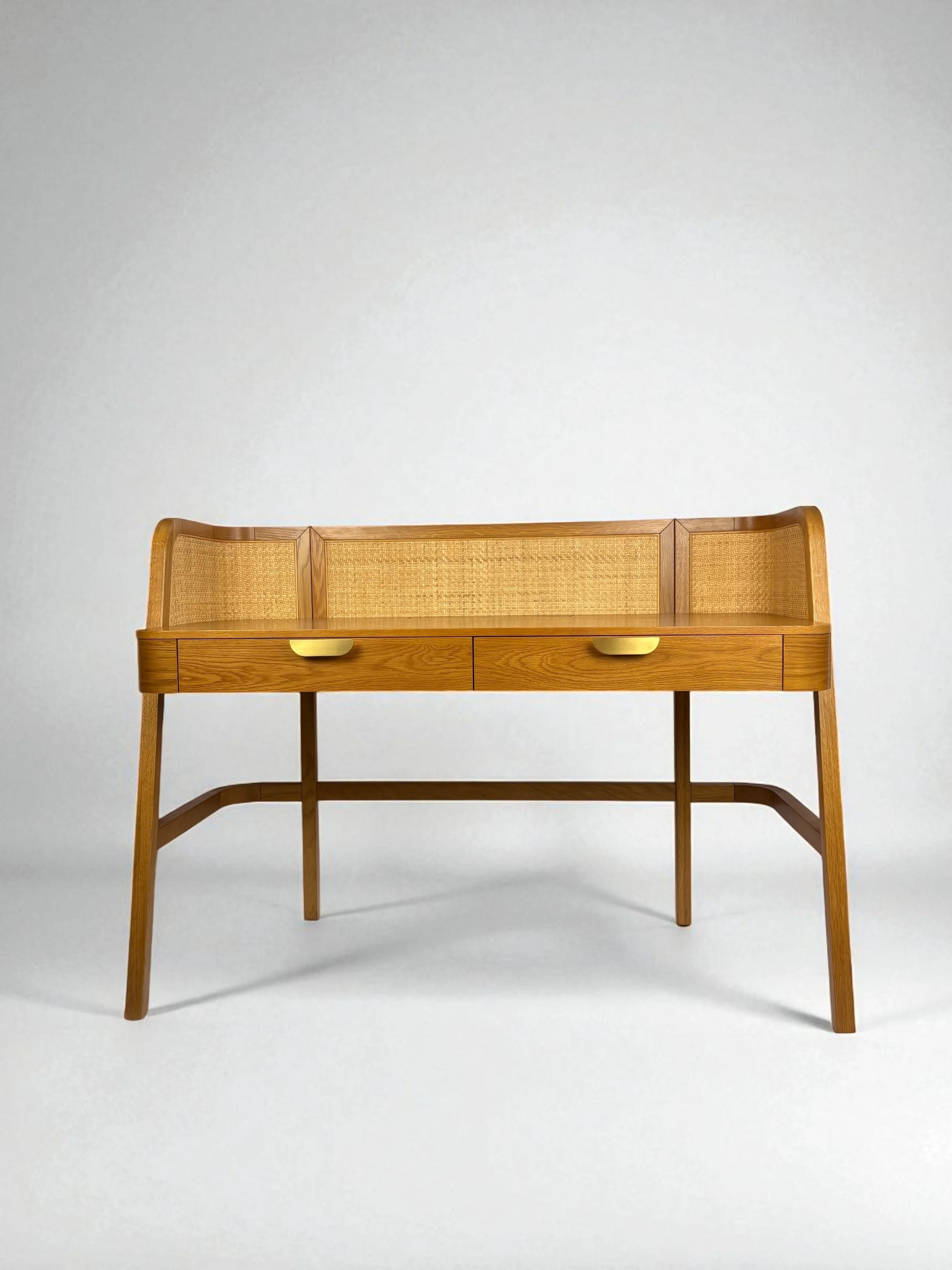 Solid oak, rubber wood and natural rattan desk with cord hider and brass hardware, pre-owned