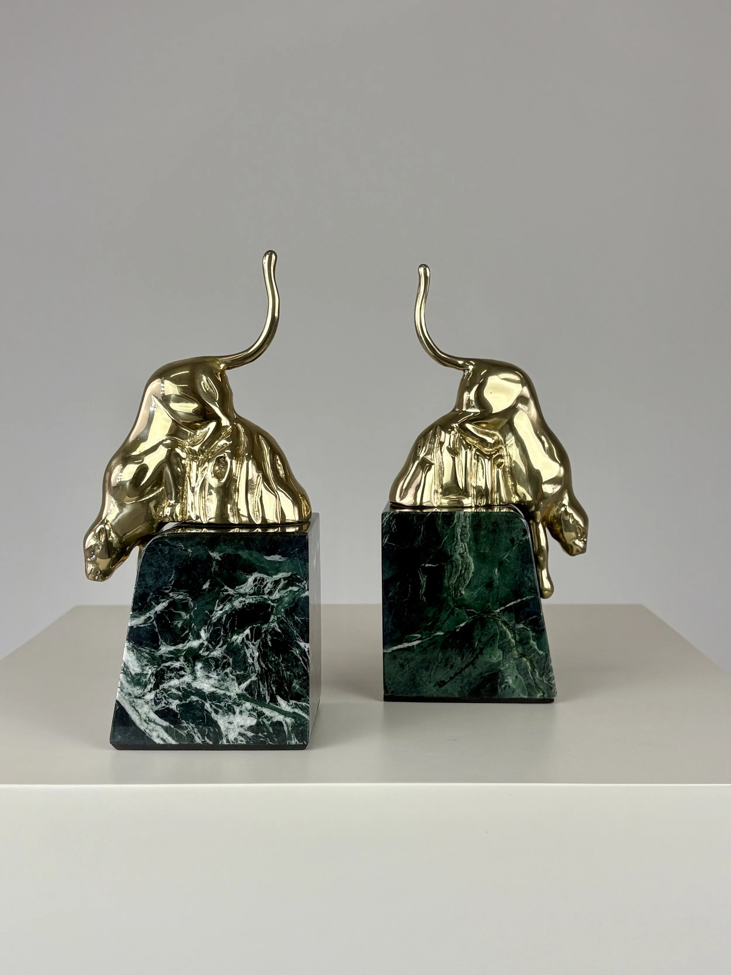 Vintage Hollywood Regency Panther & Green Marble Bookends