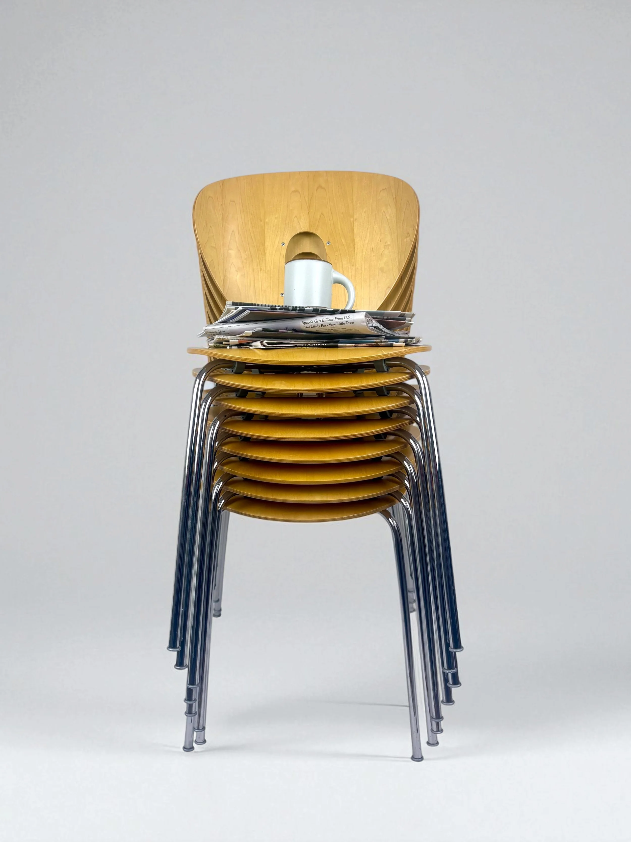 Stack of 8 STUA Globus Chairs in Oak and Chromed Steel
