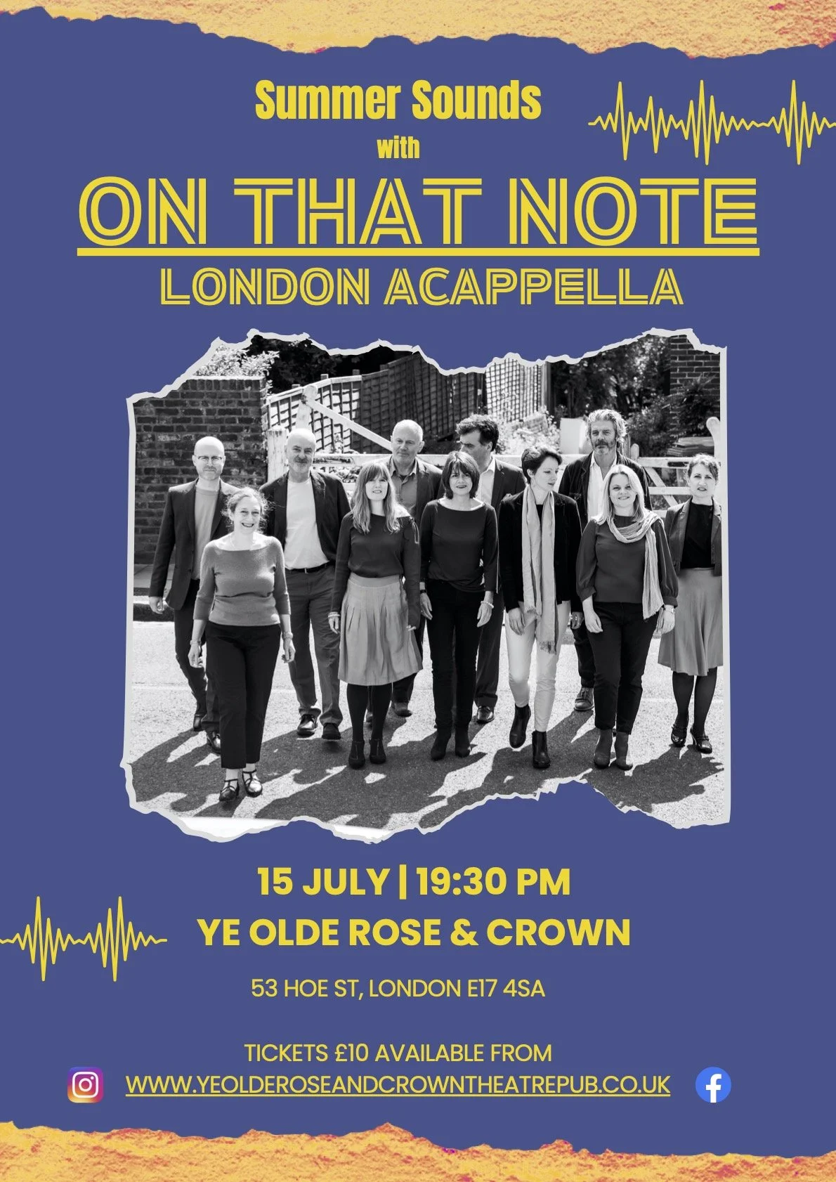 Event poster for a summer concert featuring ON THAT NOTE with London Acapella, scheduled for July 15 at 7:30 PM at Ye Olde Rose & Crown, London. The poster includes a group photo of the acapella singers and decorative yellow sound waves.