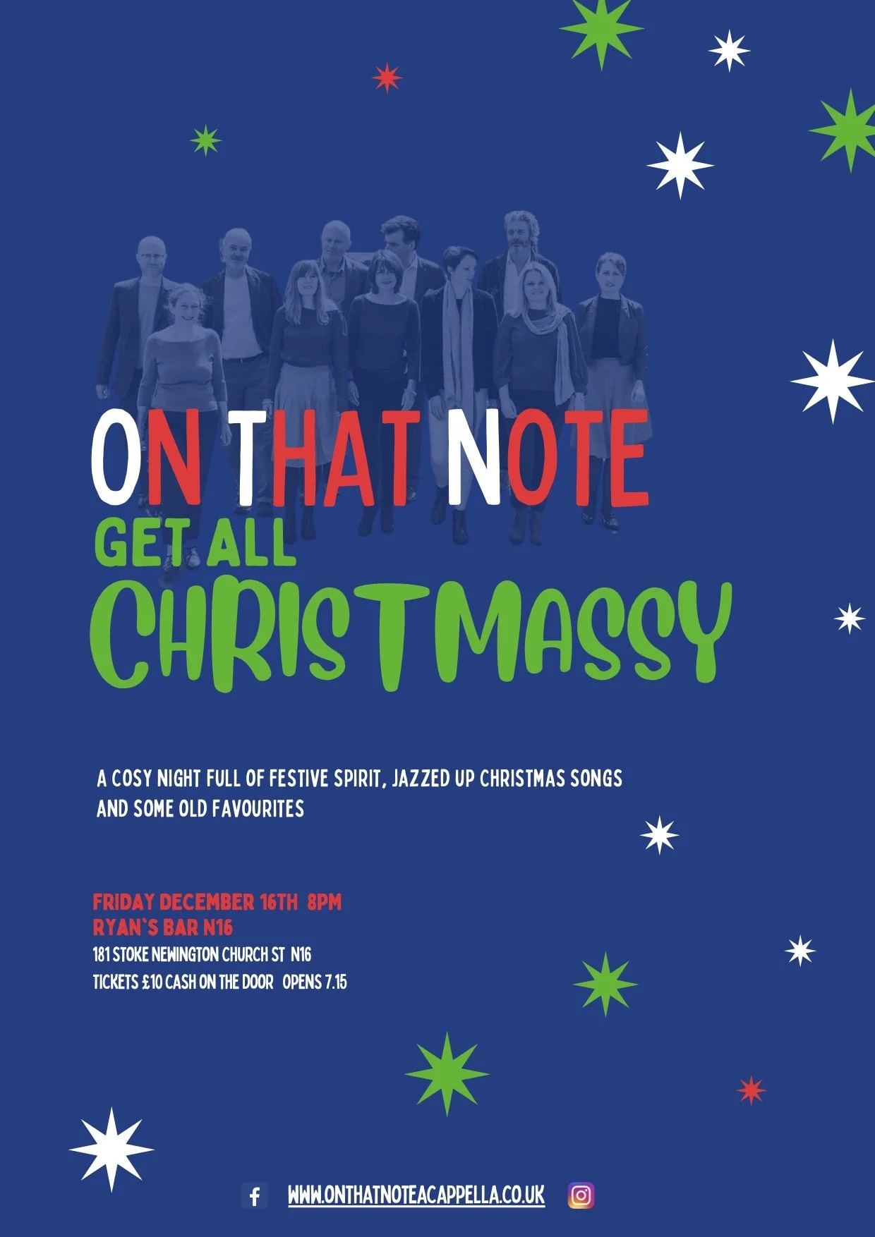 Poster for a Christmas concert titled "On That Note Get All Christmasssy," featuring a group of people, with festive stars and snowflakes, details about the event on December 16 at Ryan's Bar, including ticket and location information.