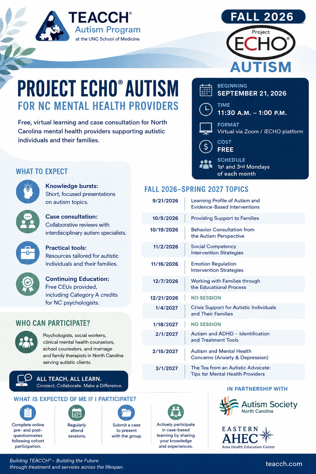 Poster for TEACCH Autism Program's Project ECHO Autism for North Carolina mental health providers, Fall 2026. Details include starting date September 21, 2026, from 11:30 A.M. to 1:00 P.M., virtual format via Zoom, free cost, sessions on first and th