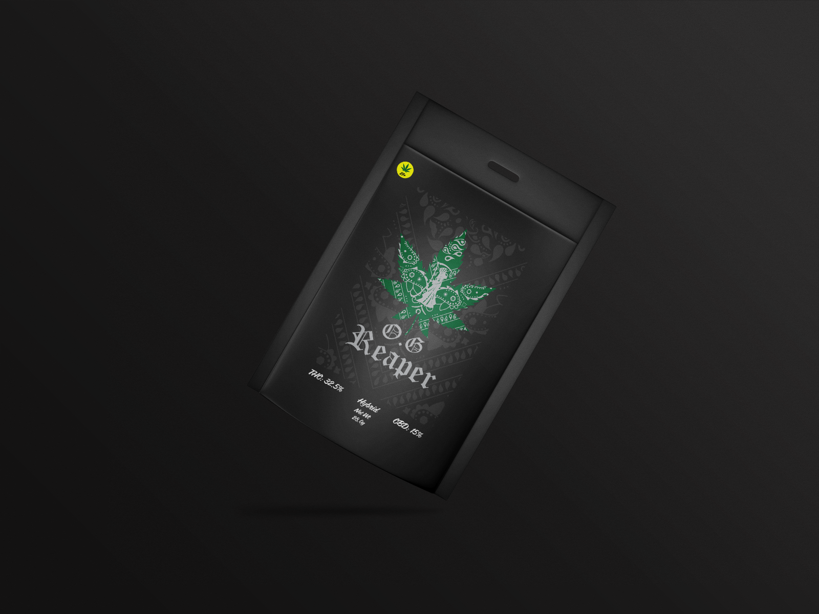 A black smartphone screen displays a cannabis product called 'Kaper' with a green marijuana leaf design, various decorative patterns, and information about THC, CBD, and hybrid strain details.