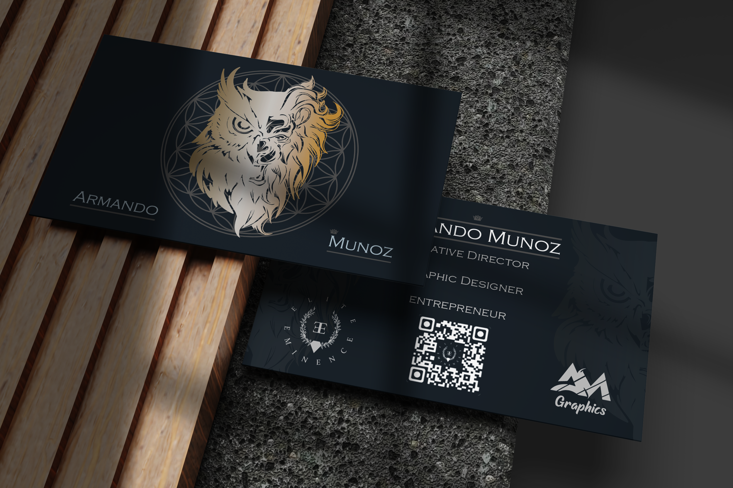 Business card with a lion illustration, the name 'Armando Munoz,' profession titles, a QR code, and a logo with mountains, placed on a textured surface next to wooden planks.