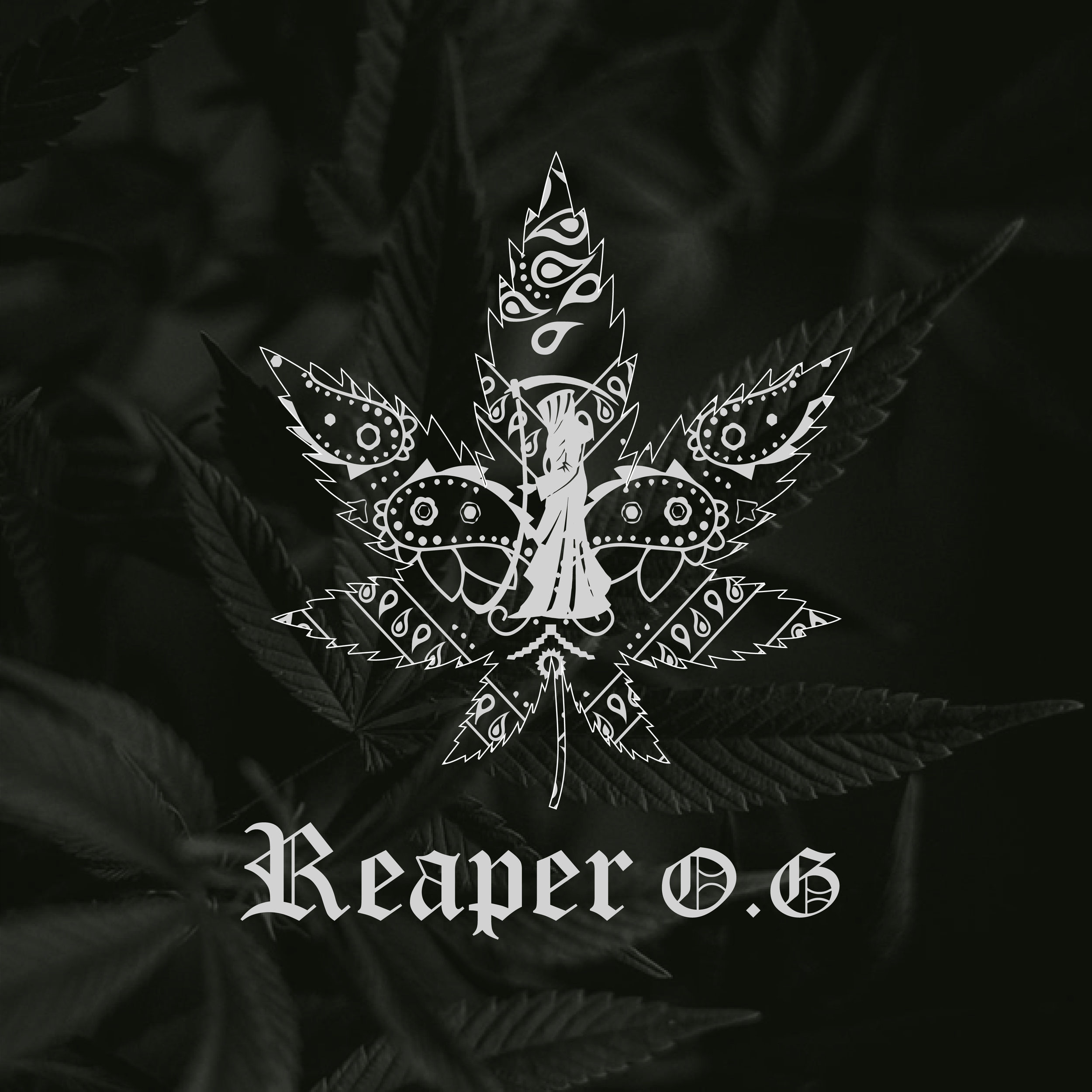 A black and white graphic of a butterfly with intricate patterns, superimposed on a dark leafy background, with the text 'Reaper O.G' at the bottom.