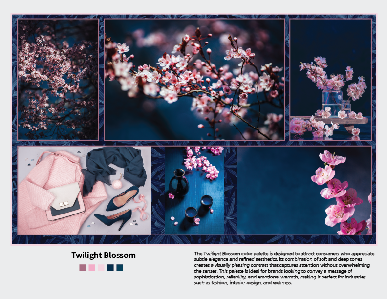 A collage of twilight blossom scenes including close-ups of pink and white blossoms, a still life with pink flowers in a vase, and fashion accessories with pink and dark blue tones.