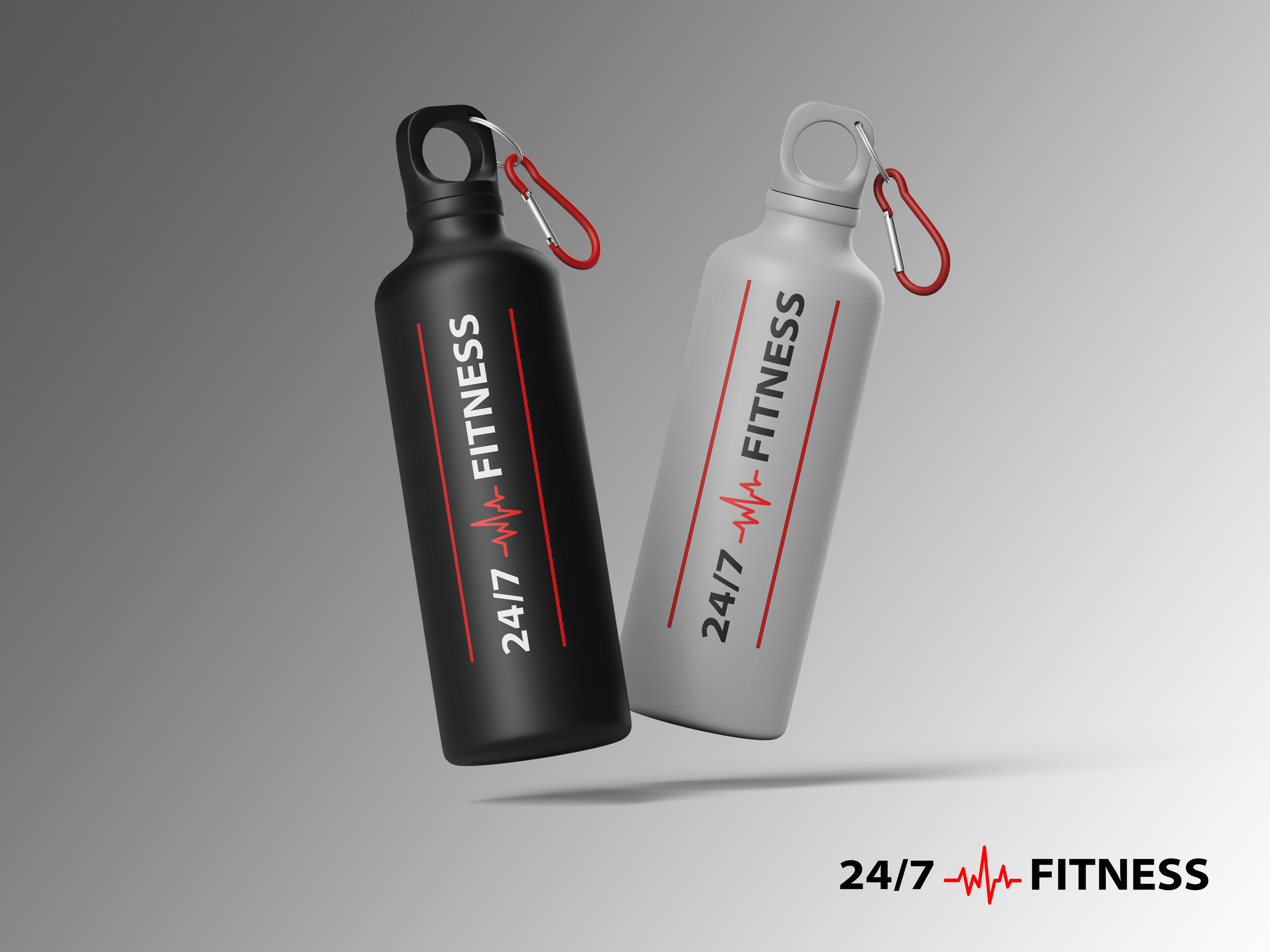 Two fitness water bottles, one black and one gray, with red carabiners attached, featuring 24/7 FITNESS logo and a heartbeat graphic.