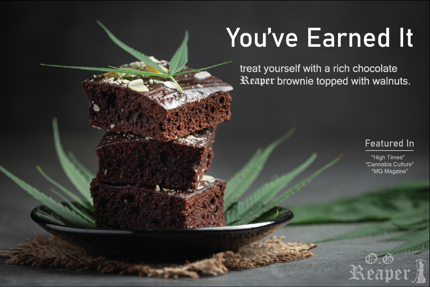 Three stacked brownies topped with nuts and a cannabis leaf in a black bowl, with green leaves around the bowl and a dark background, promoting a chocolate brownie treat.