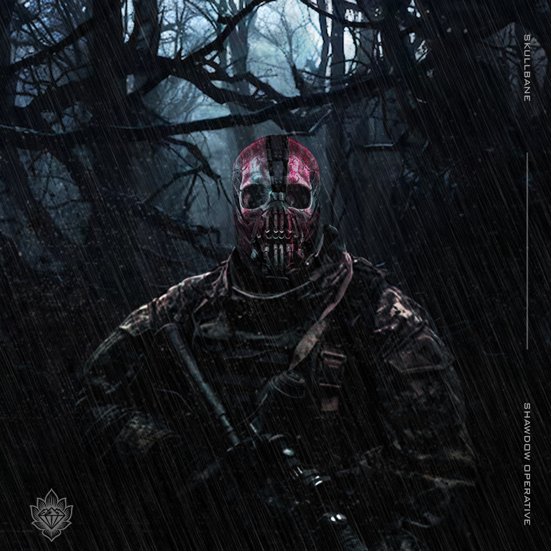 A person wearing a skull mask and camouflage clothing, holding a rifle, in a dark forest with falling rain and overhanging tree branches.