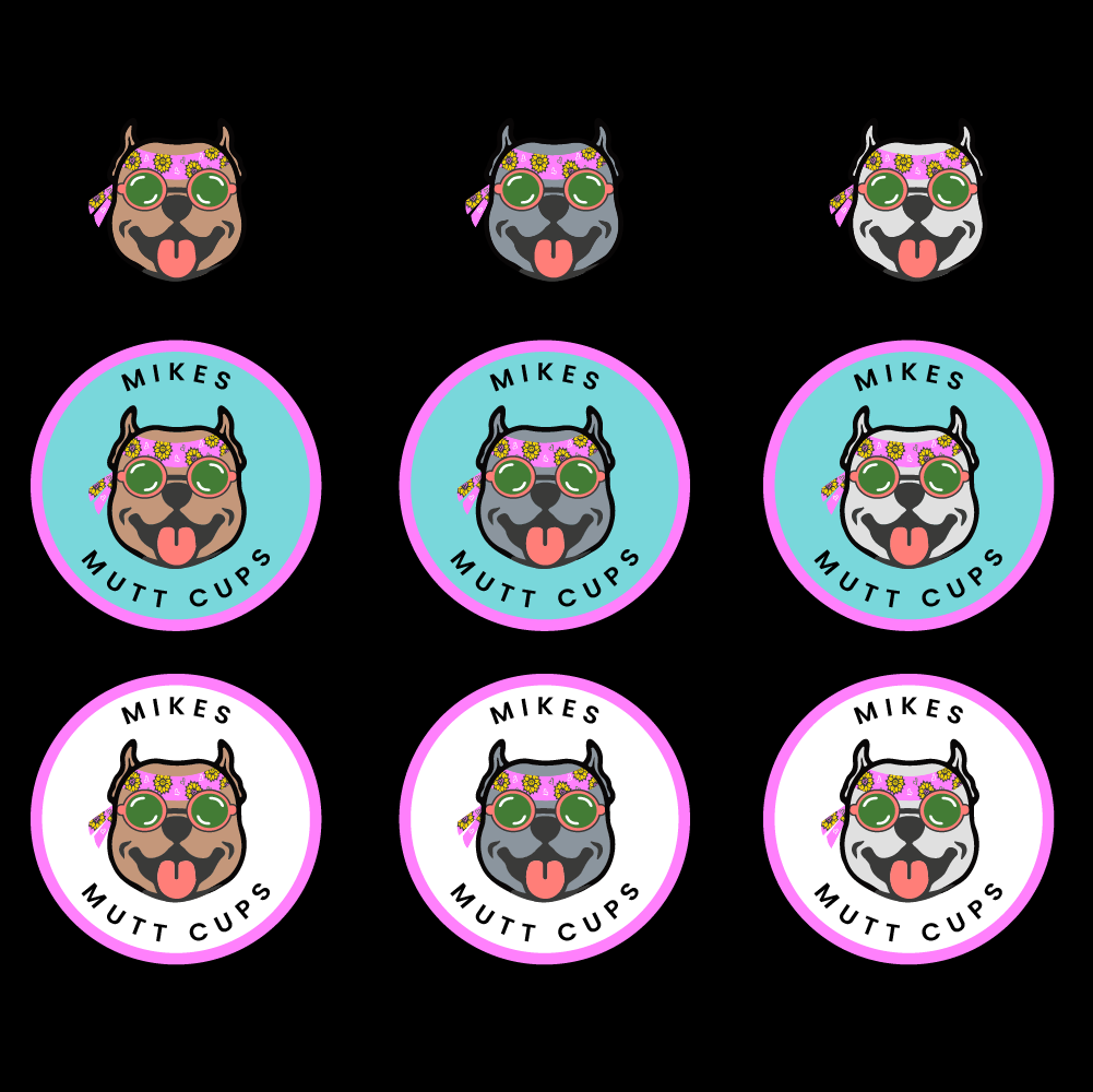 Multiple stickers featuring a dog wearing sunglasses, a floral headband, and a bandana on the left ear. The stickers include the text 'Mikes Mutt Cups' and have different background colors, some with a circular border and others without.