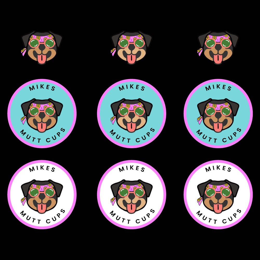 A pattern of nine circular stickers featuring a cute dog face with sunglasses and a floral bandana, with the text 'MIKES MUTT CUPS' around the dog, arranged in three rows and three columns, on a black background.