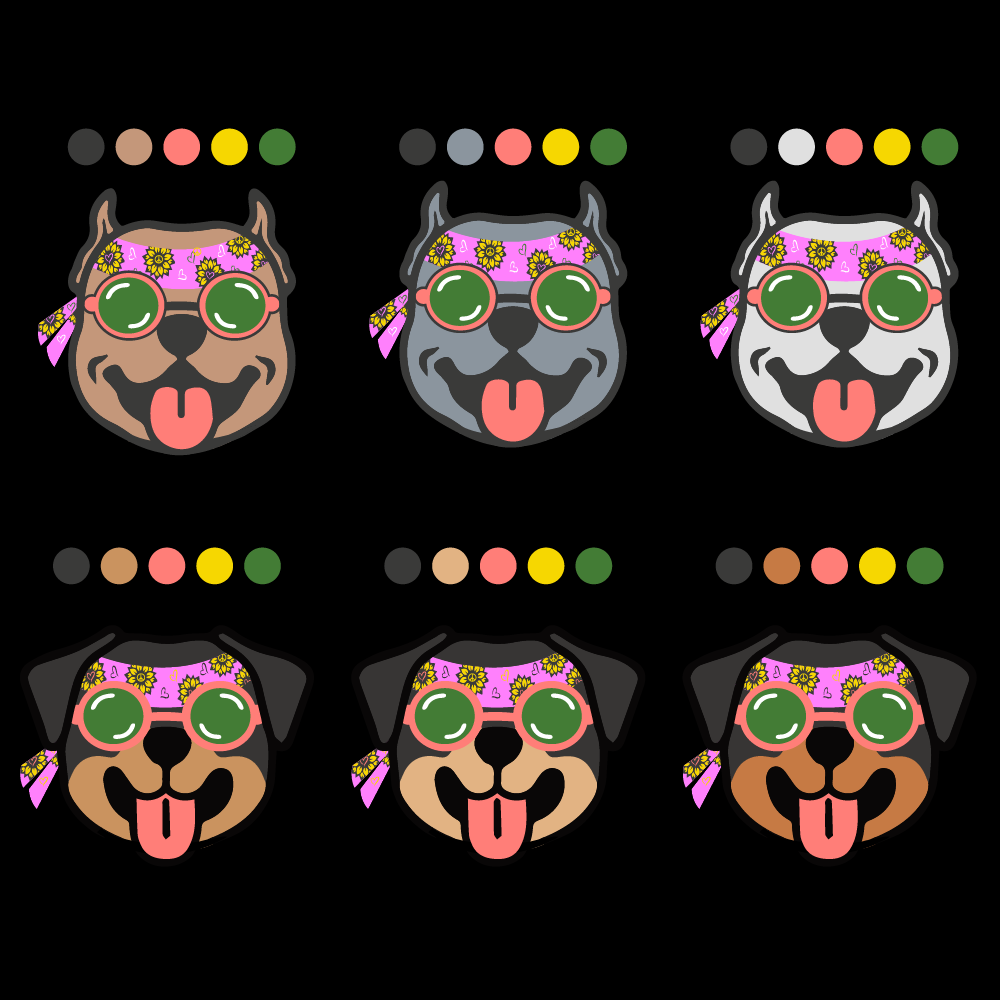 Six cartoon dog faces with bandanas on their heads, wearing sunglasses, arranged in two rows of three, on a black background.