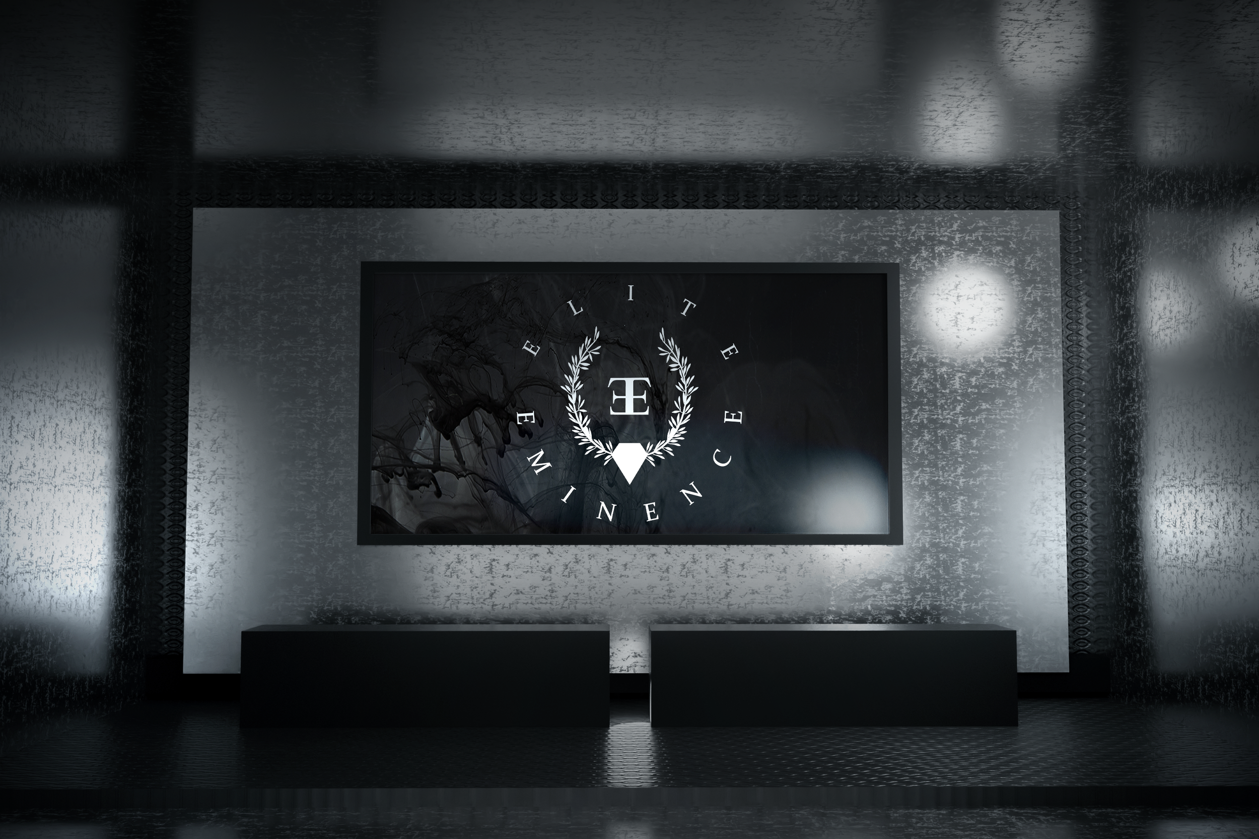 A dark, modern conference room or presentation space with a large screen displaying a logo. The logo features a laurel wreath, a downward-pointing triangle, and the words 'ELEVATE' and 'PERFORMANCE' around the elements.