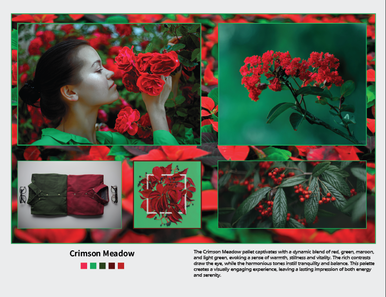 A collage of images inspired by Crimson Meadow, featuring a woman smelling red flowers, a branch with red flowers, a collection of red and green backpack straps, a red poinsettia plant, and red berries on green leaves. The background is a vibrant pat