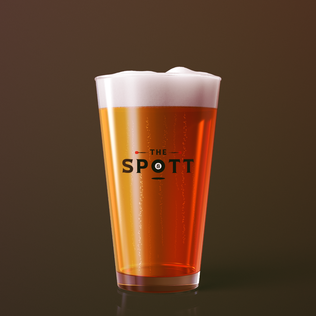 A glass of beer with foam on top and a logo that says 'The Spott' with an 8-ball as the letter 'O' in the center.
