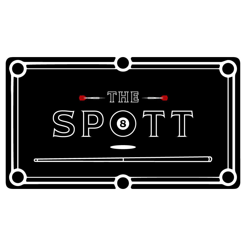 Black rectangular sign with white border and text that reads "The Spot" with an 8 ball and pool cue design.