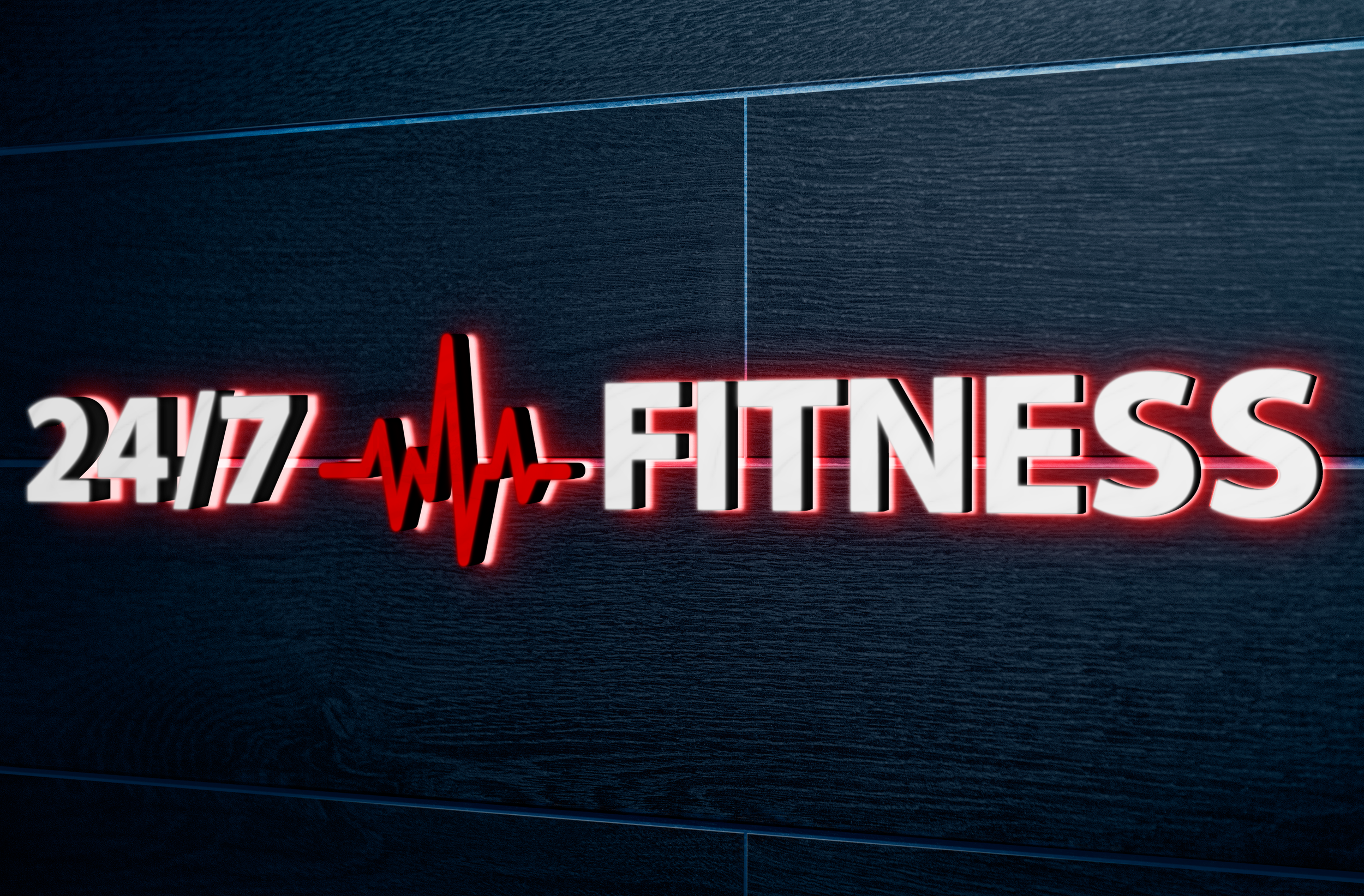 Neon sign with the text "24/7 FITNESS" and a red heartbeat line, on a dark textured background.