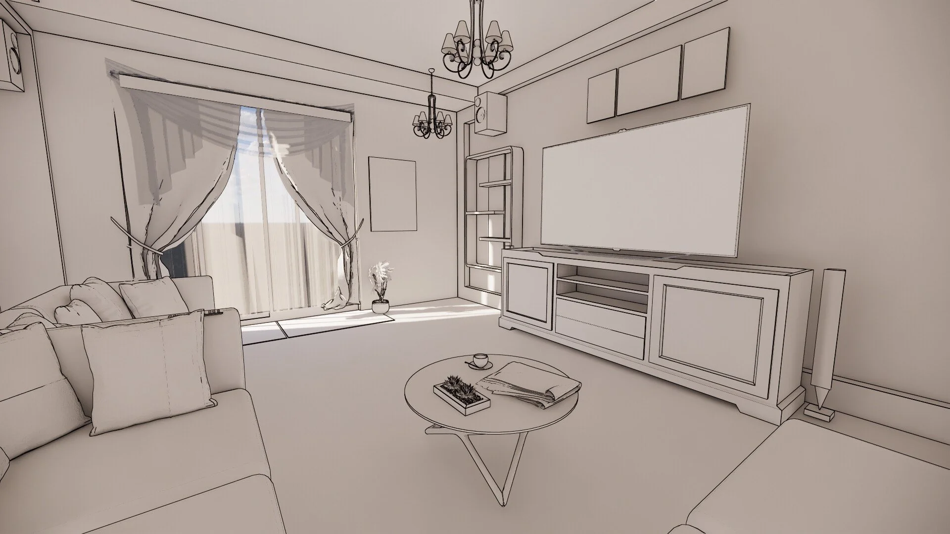 Sketch of a living room with a sofa, curtain-covered window, coffee table with a plant and magazines, TV on a cabinet, chandelier lighting, and a corner shelf.