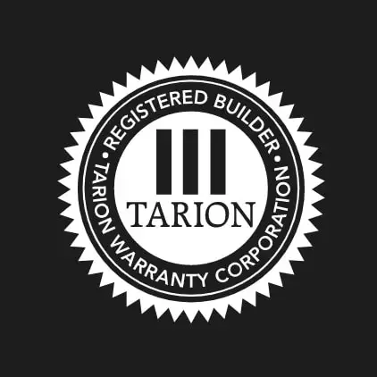Tarion Registered Builder seal from the Tarton Warranty Corporation with a black and white color scheme.