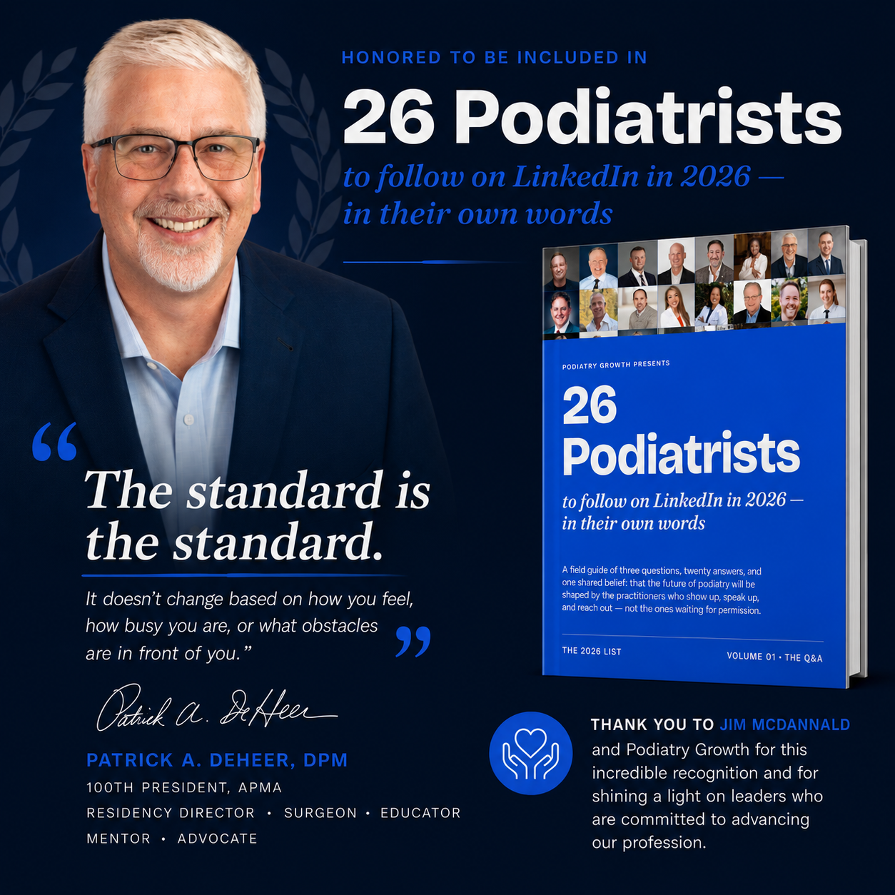 Poster recognizing 26 podiatrists for following on LinkedIn in 2026, featuring a smiling man in a suit, book cover, quote, and a thank you message to Jim McDunnald from Podiatry Growth.
