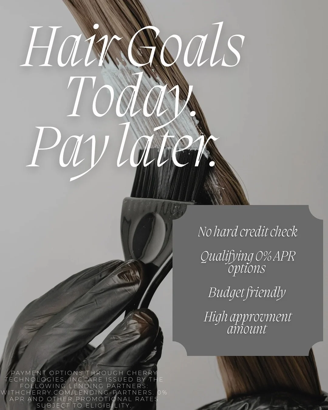Invest in your dream hair the smart way ✨

Worry less about finances and more about achieving your perfect hair, extensions, treatments and product with Cherry Payment Plans&hellip;

⭐ Pay in smaller, manageable monthly payments
⭐ Choose a plan that 