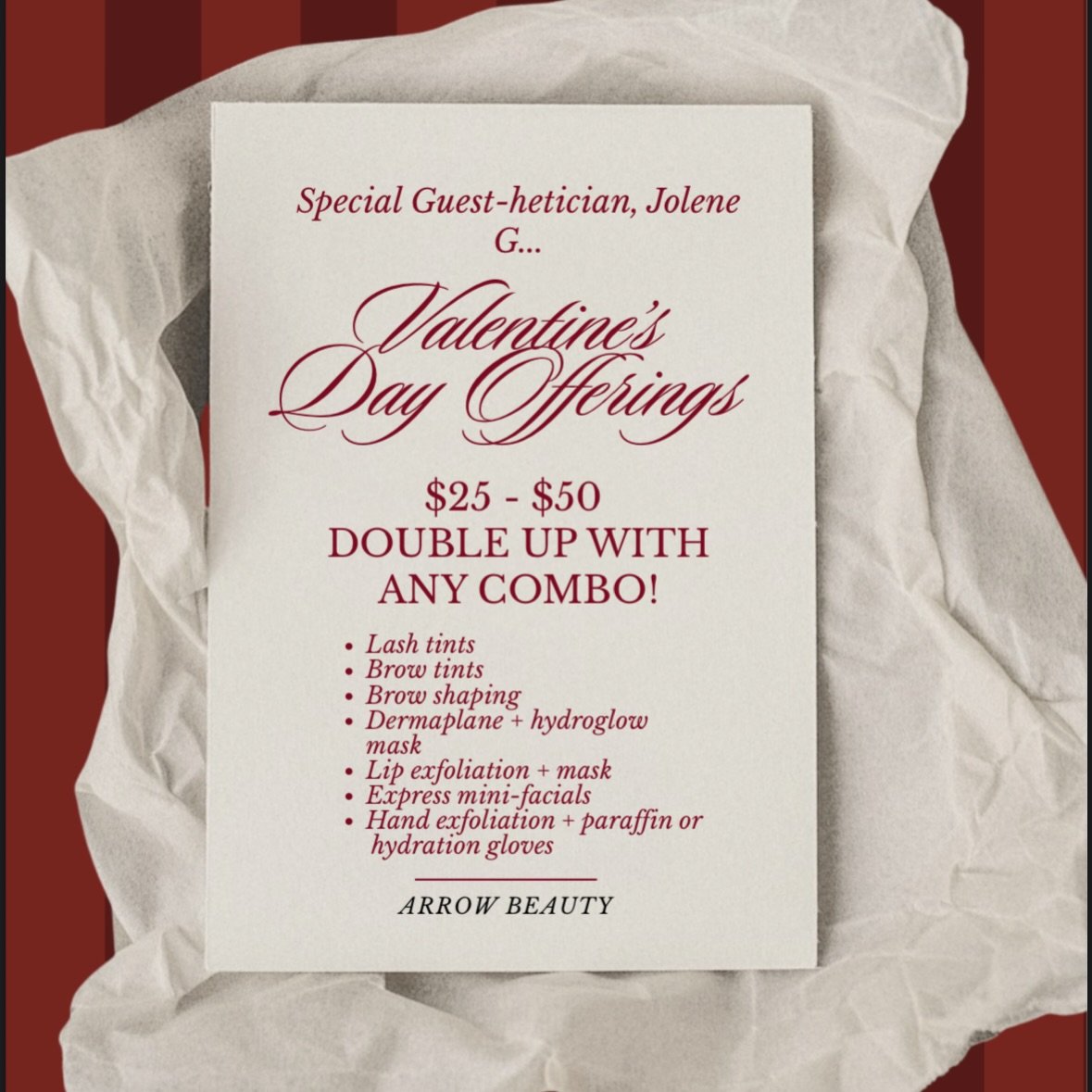 Valentine&rsquo;s Day, but make it effortlessly beautiful. 💘 Double up on your favorites with our special guest esthetician, Jolene G.
Treat yourself or your favorite person at Arrow Beauty ✨

#denverhairsalon #denverhairstylist #denversalon #denver