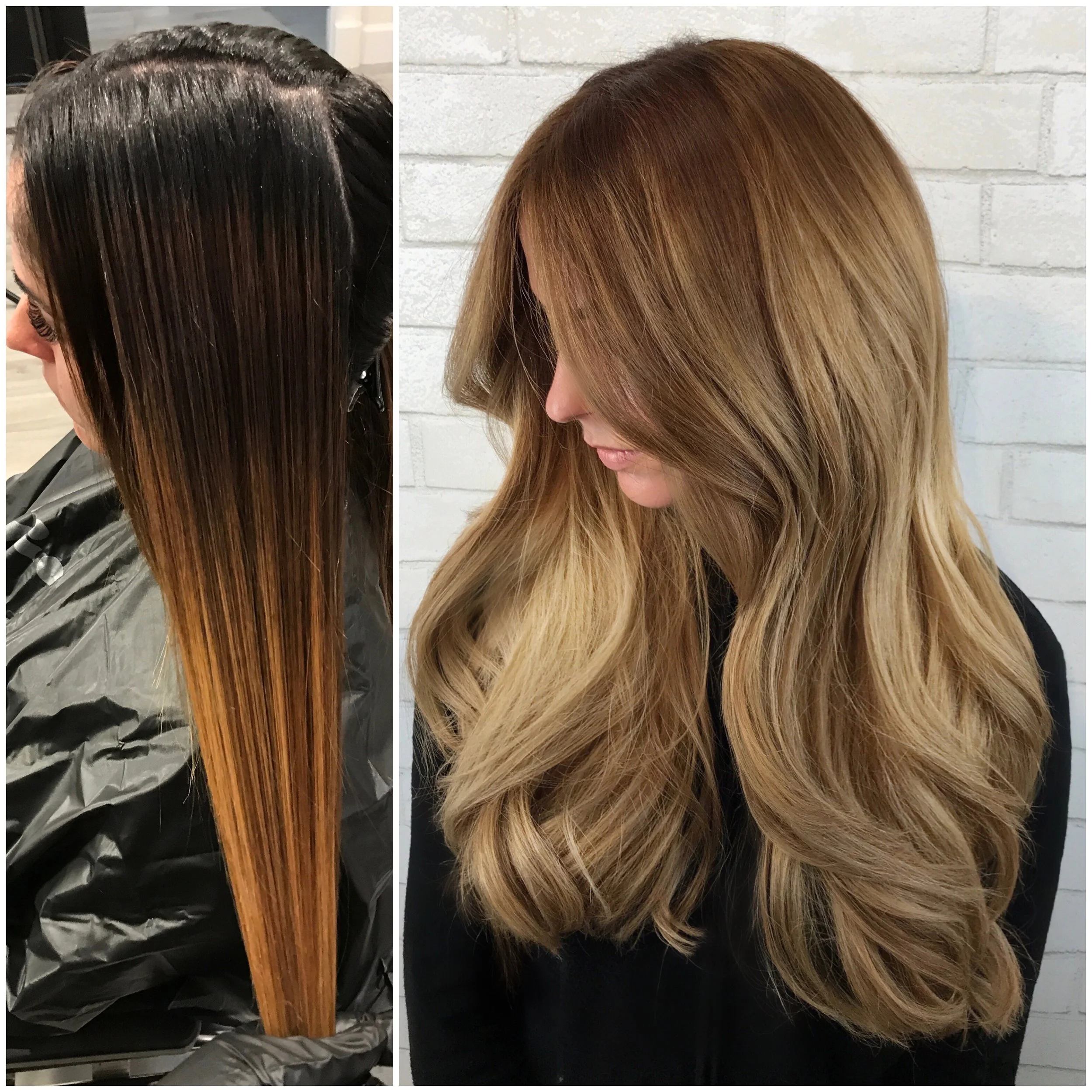 Comparison of hair before and after coloring. The left side shows straight, dark brown hair with lighter tips, and the right side shows long, wavy, blonde hair against a white brick wall.
