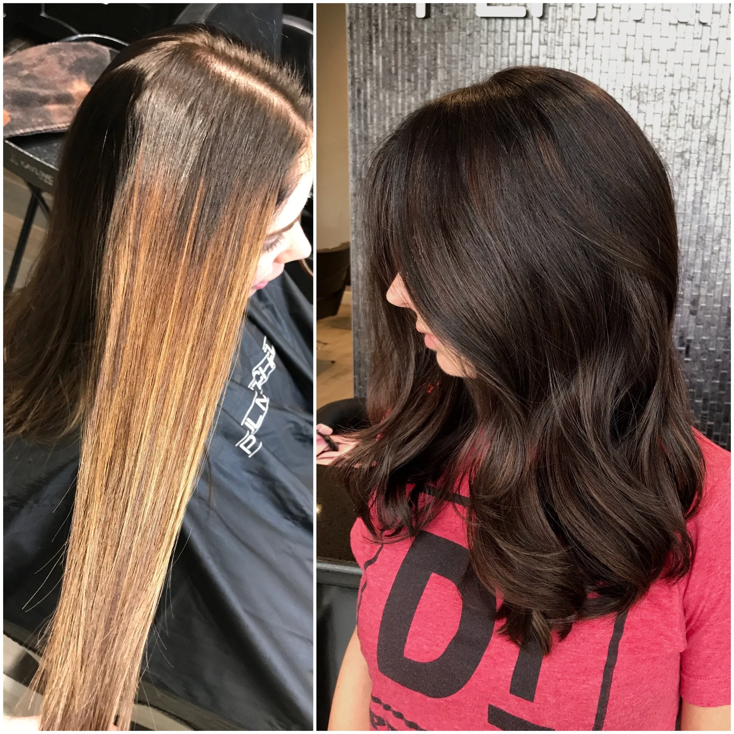 Side-by-side images of a woman before and after hair transformation. The left shows long, straight, light brown hair; the right displays medium-length, wavy, dark brown hair.