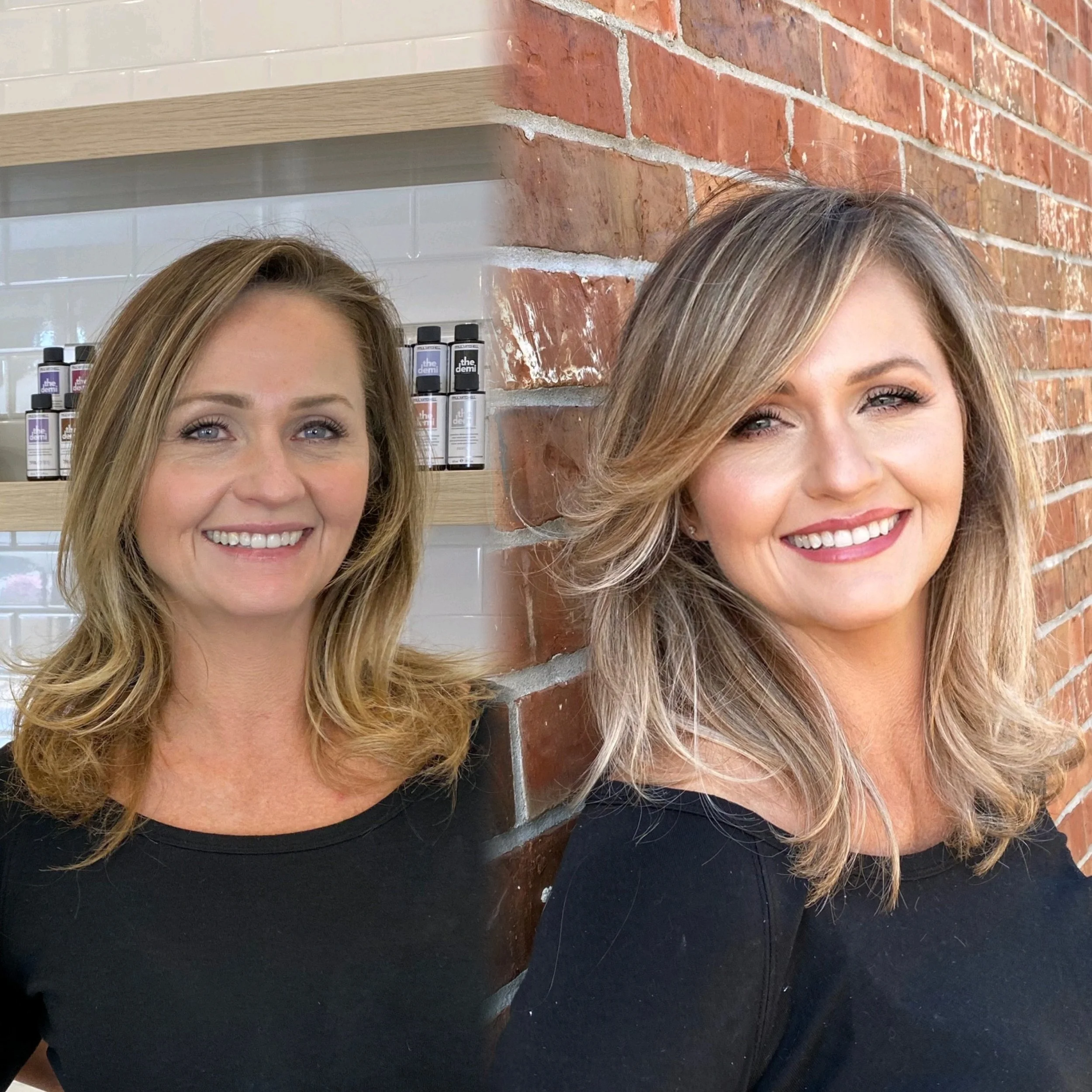 Two women with shoulder-length blonde hair smiling, one standing in front of white tiled shelves with bottles, the other leaning against a brick wall outside.