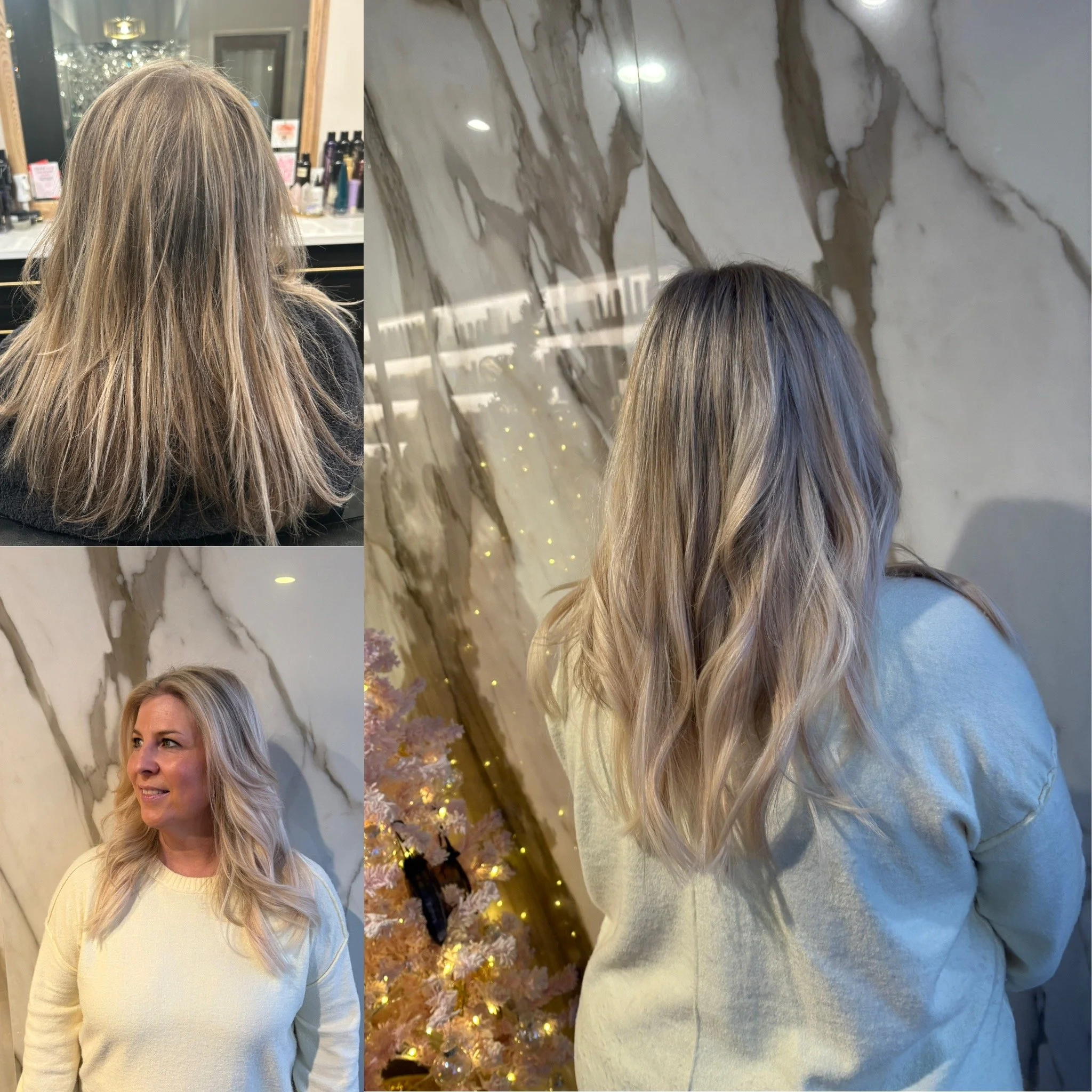 Before and after photos of a woman with blonde, wavy hair, showing her hair change at a hair salon, with a marble wall background and a decorated Christmas tree with pink ornaments and string lights.