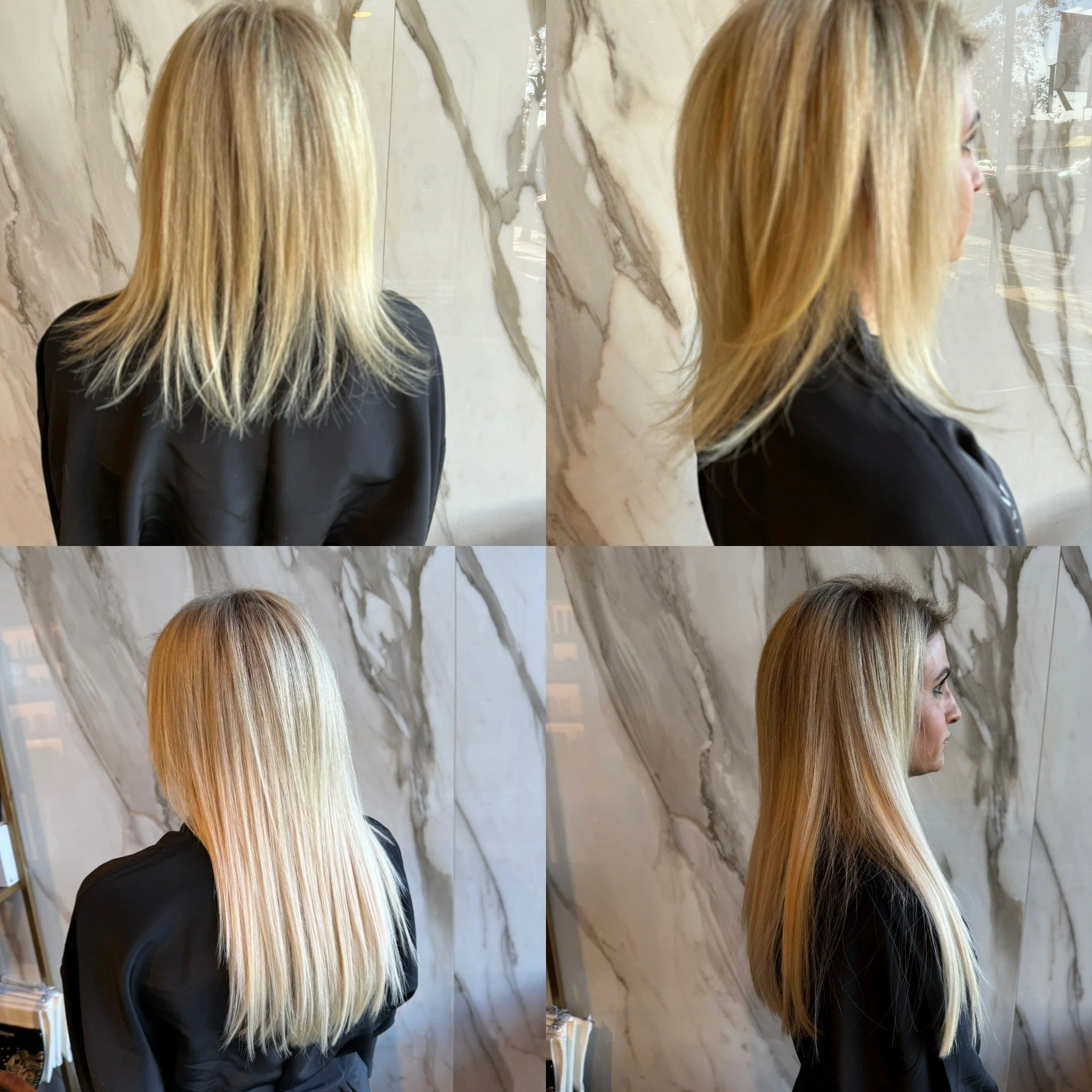 A woman with straight, blonde hair seen from the back and side, standing against a marble wall. She wears a black top.