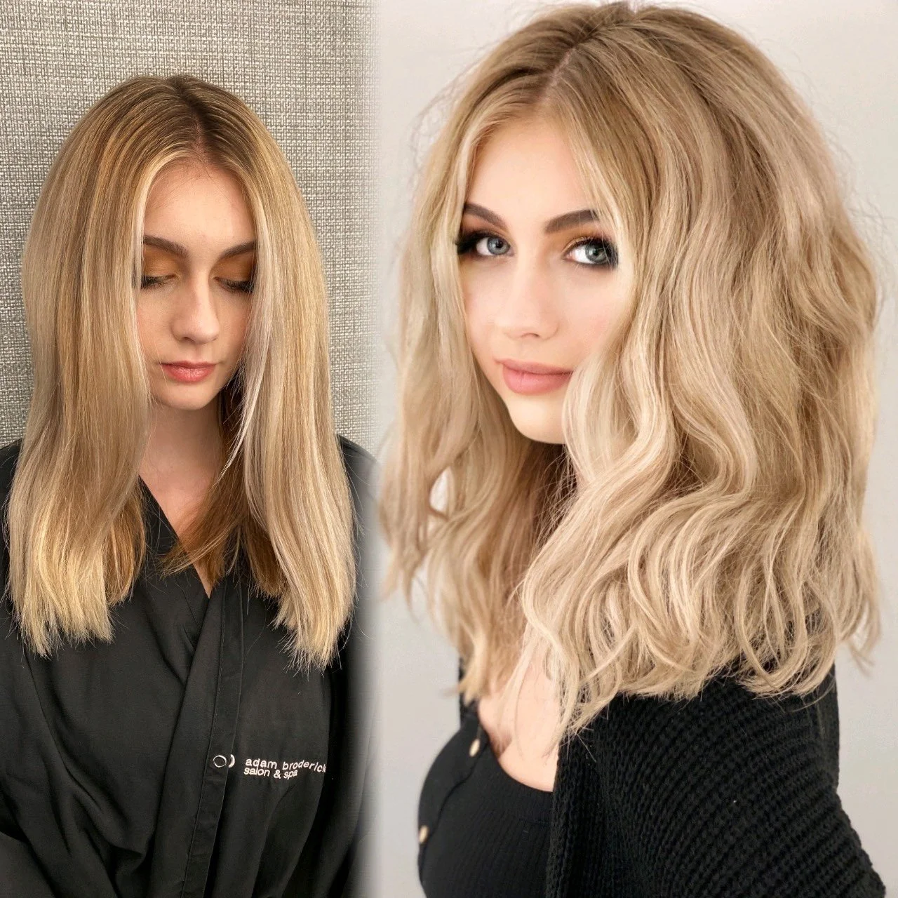 A side-by-side comparison of a woman with long, straight blonde hair on the left and the same woman with voluminous, wavy blonde hair on the right, showing a hairstyle transformation.