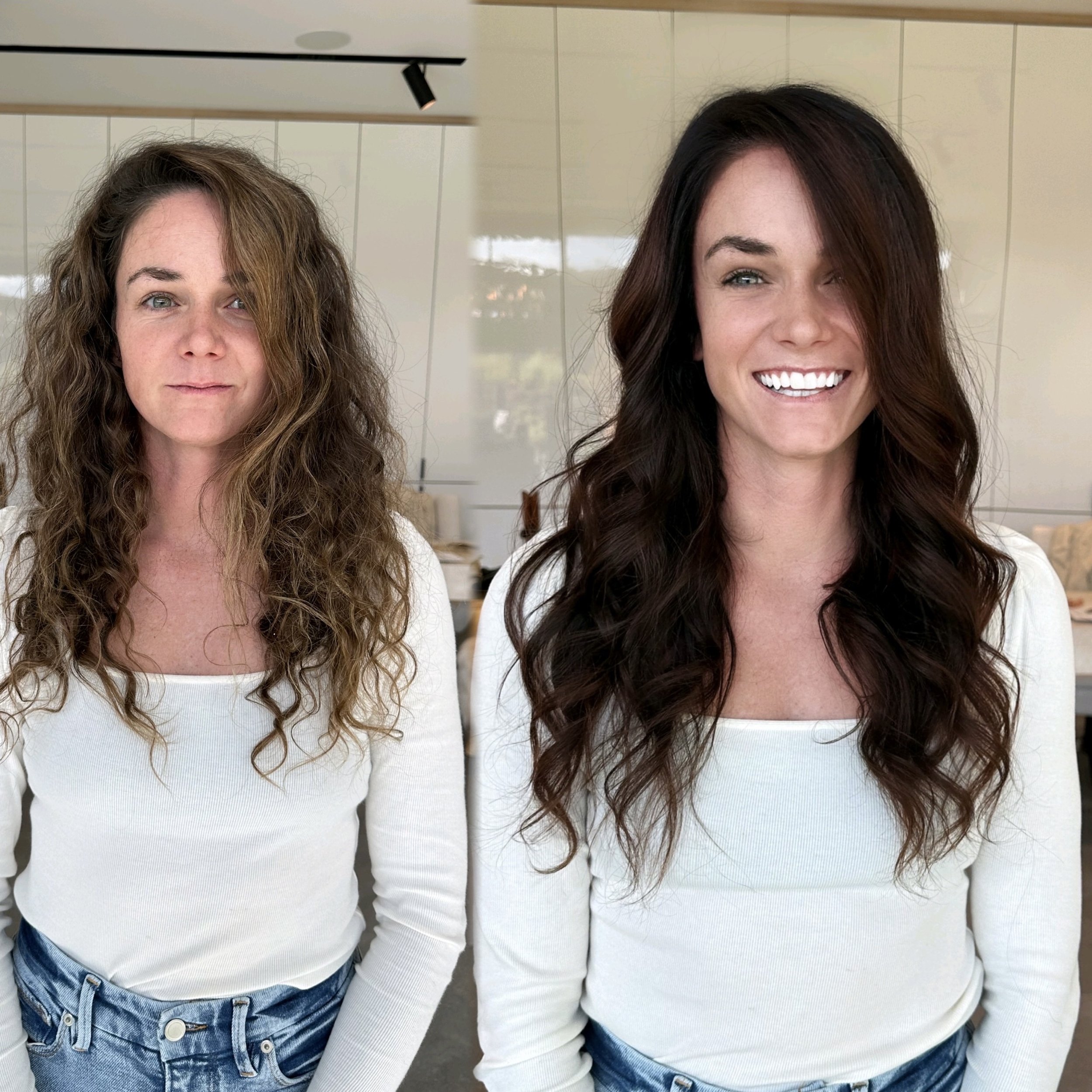 Side-by-side comparison of a woman before and after hair transformation, showcasing long, curly, light brown hair in the before image and long, wavy, dark brown hair in the after image, both smiling and wearing white tops.