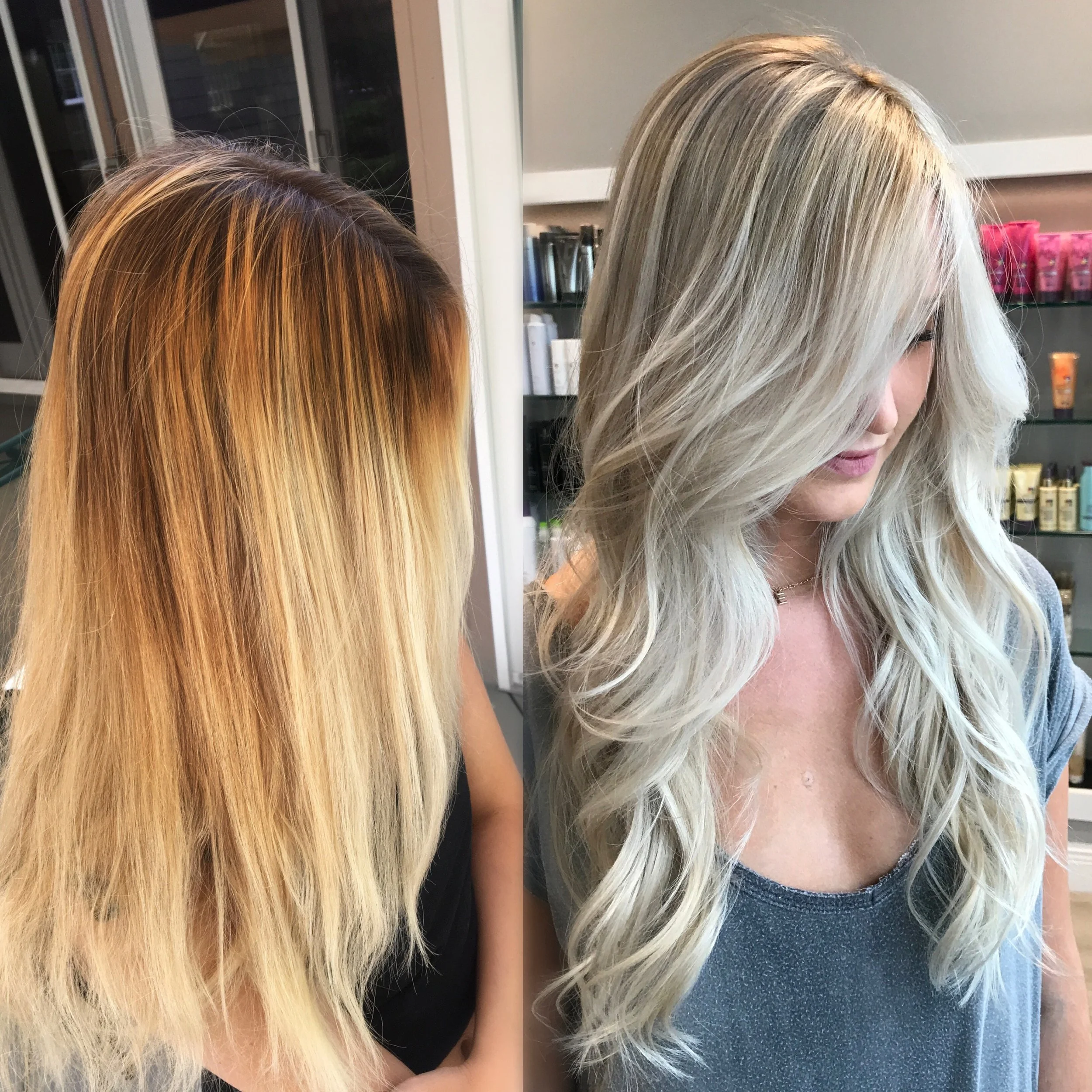 Side-by-side of a woman with long blonde hair before and after a hair makeover, showing a color and style change.