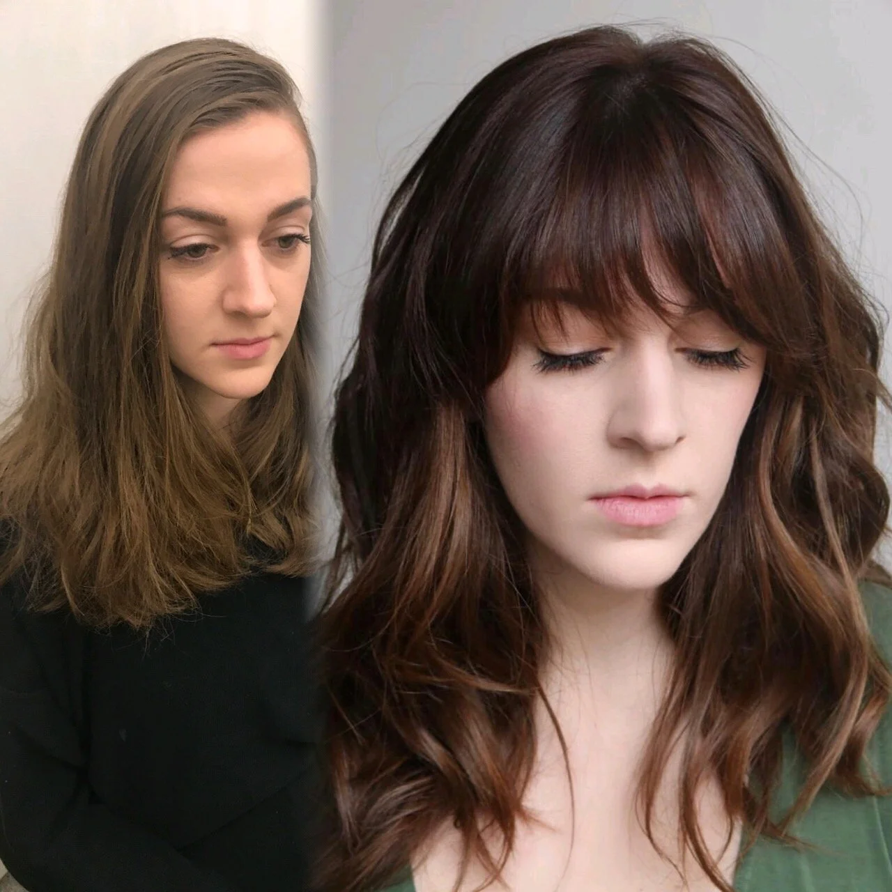 Two women with wavy hair, one with brown hair and the other with reddish-brown hair, standing close together, with the woman with reddish-brown hair having her eyes closed.