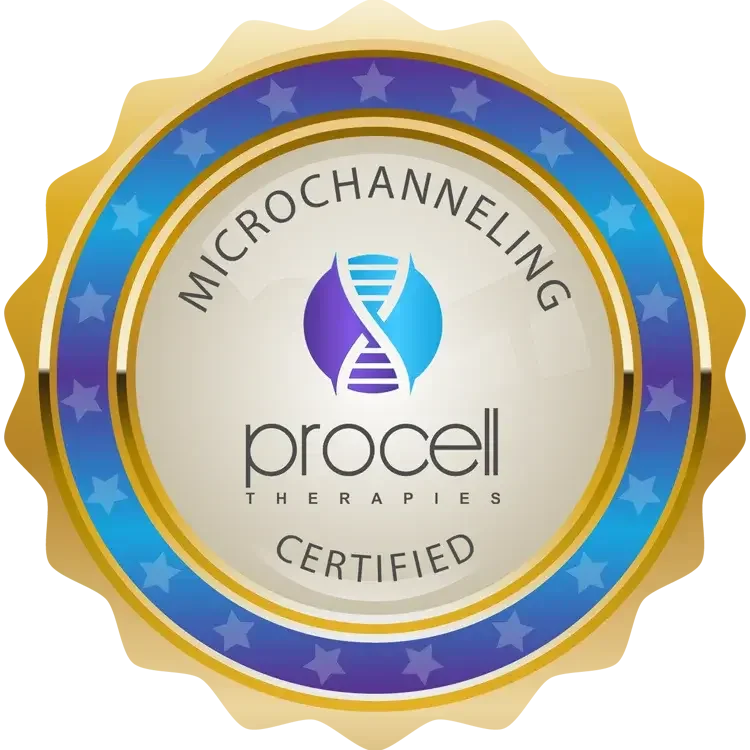 Certification badge for microchanneling therapy by Procell Therapies, featuring a DNA helix logo and a gold and blue circular design with stars.