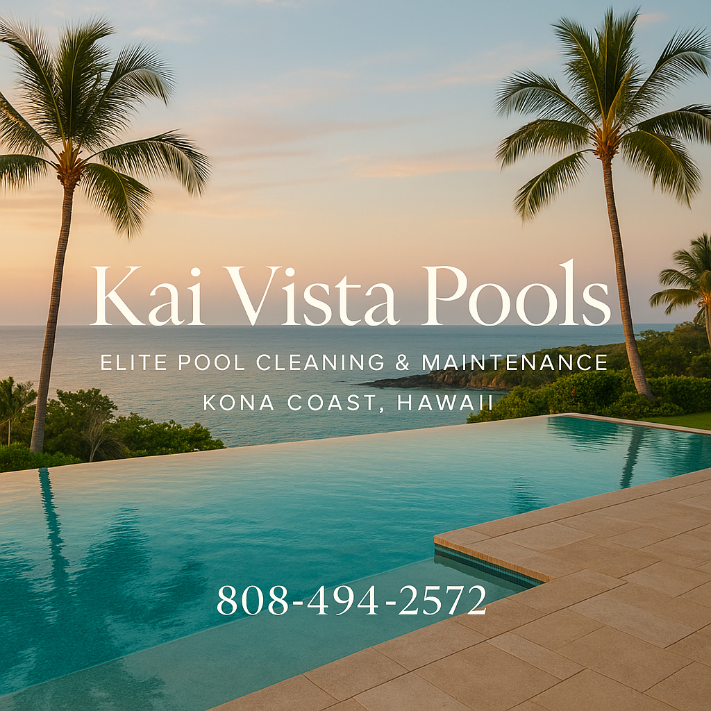 Palm trees overlooking an infinity pool at sunset in a tropical setting at Kai Vista Pools on the Kona Coast, Hawaii.