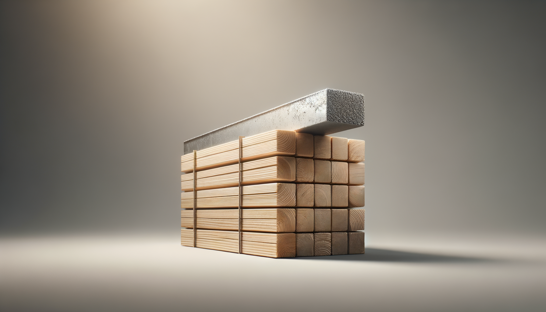 A stack of wooden blocks with black bands, topped with a gray concrete block, set on a neutral surface with a gradient background.