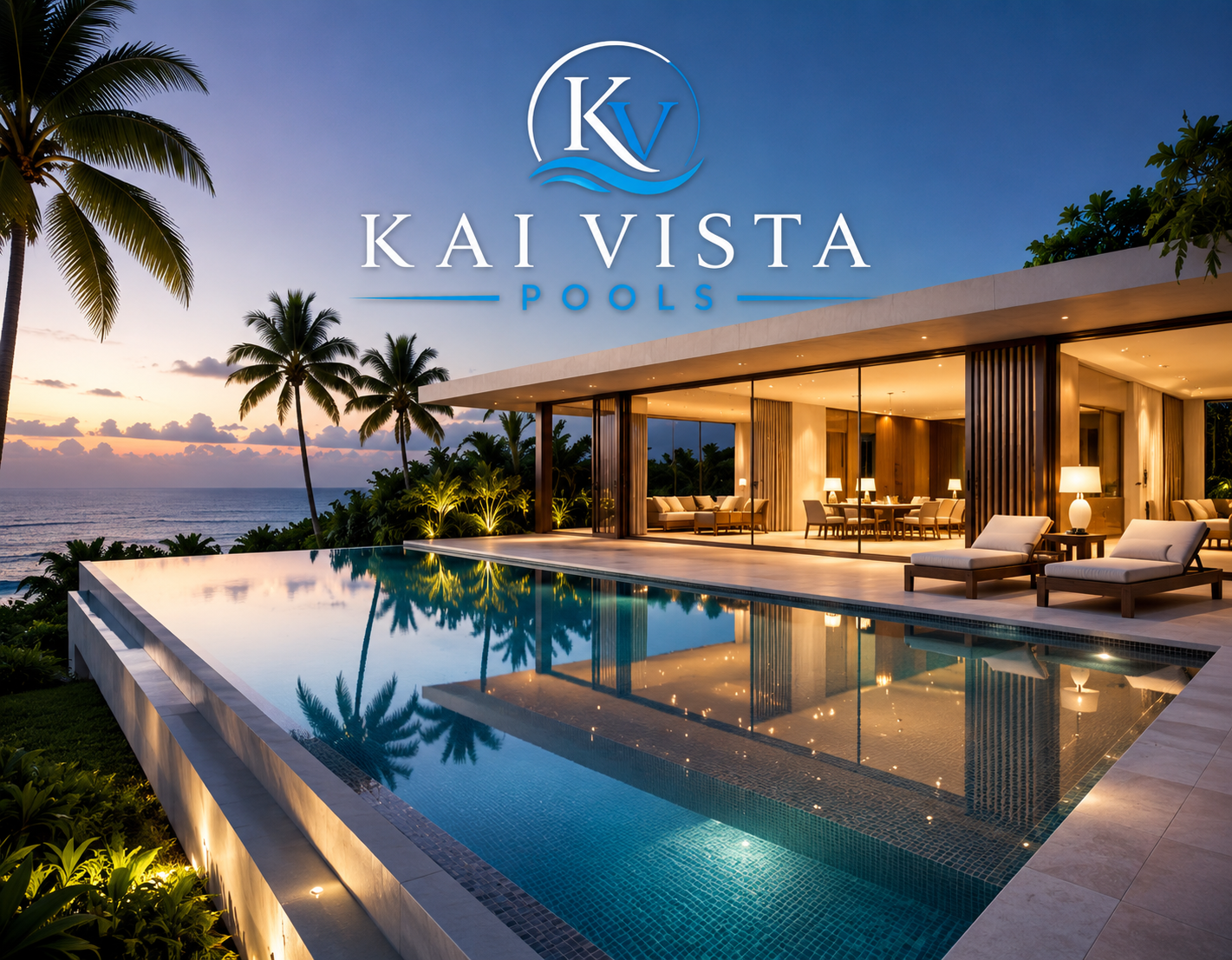 Luxury modern house with illuminated pool reflecting palm trees at sunset, Ocean view background, interior visible through large glass windows.