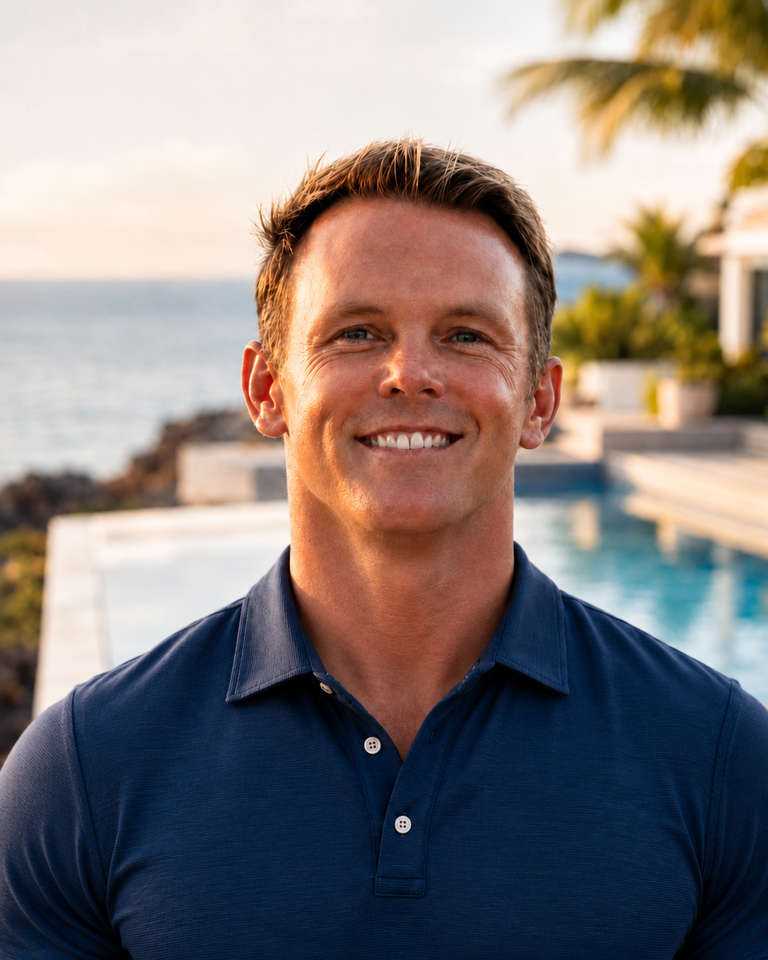 A smiling man with short brown hair wearing a navy blue collared shirt, standing outdoors by a swimming pool with a body of water and palm trees in the background during sunset.