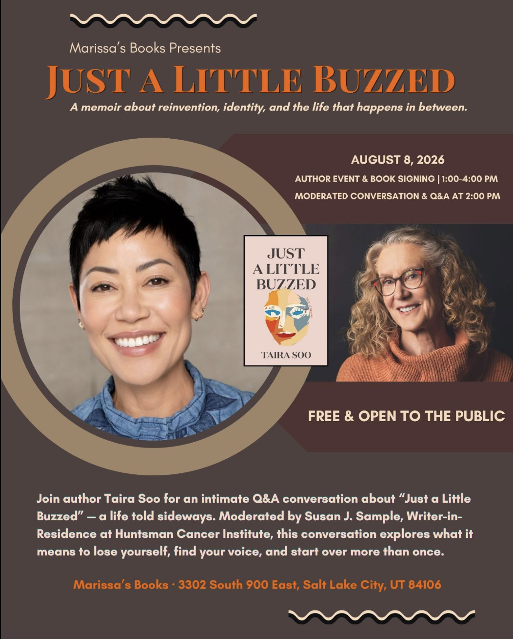 Event flyer for Just a Little Buzzed at Marissa's Books on August 8, 2026