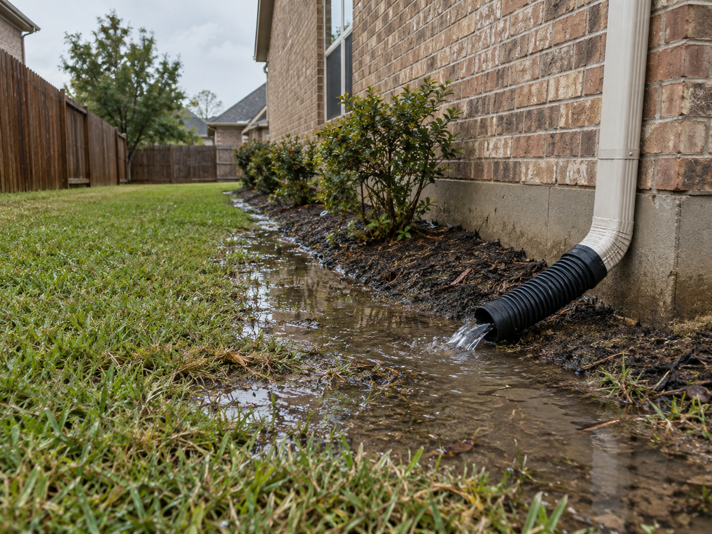 Rainwater from a downspout pooling beside a Tulsa home foundation after a storm