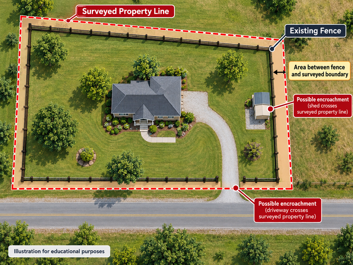 Aerial view showing surveyed property line, existing fence, driveway and shed on acreage